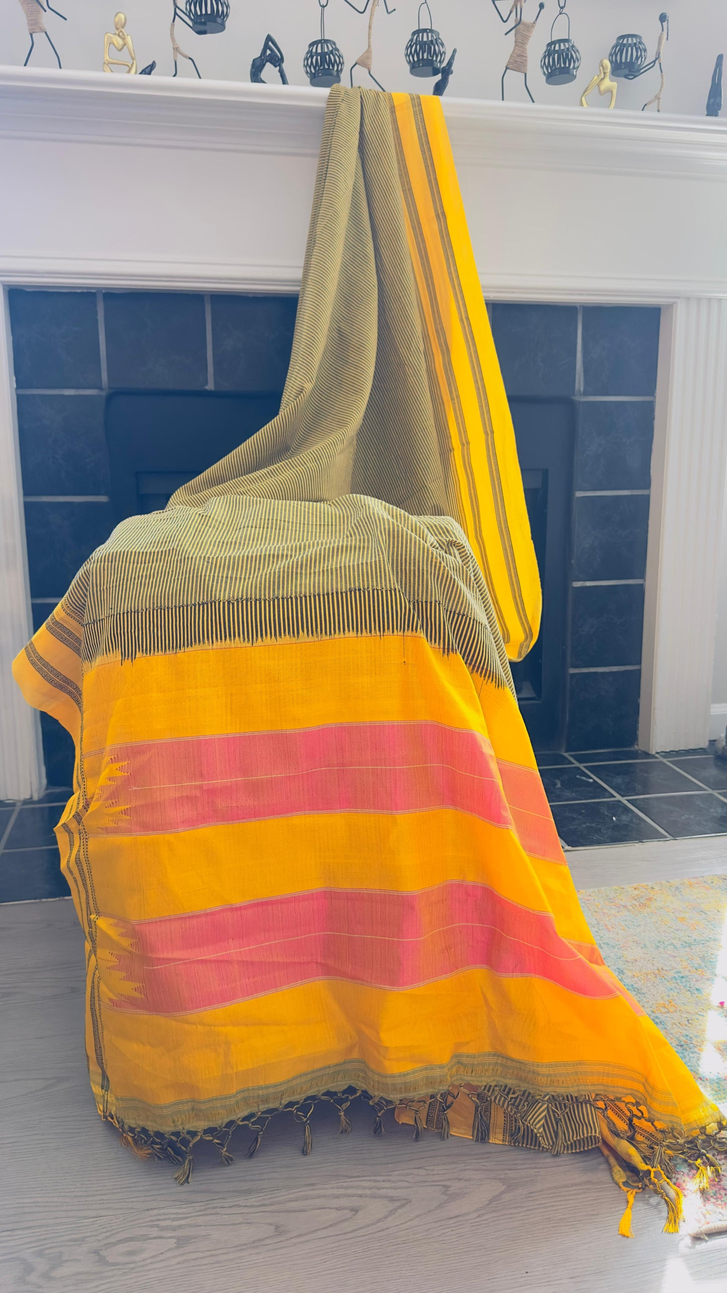 ILKAL Henna green Striped with mustard yellow and pink border SICO ( Cotton*Silk ) handloom saree with Chikapars Border