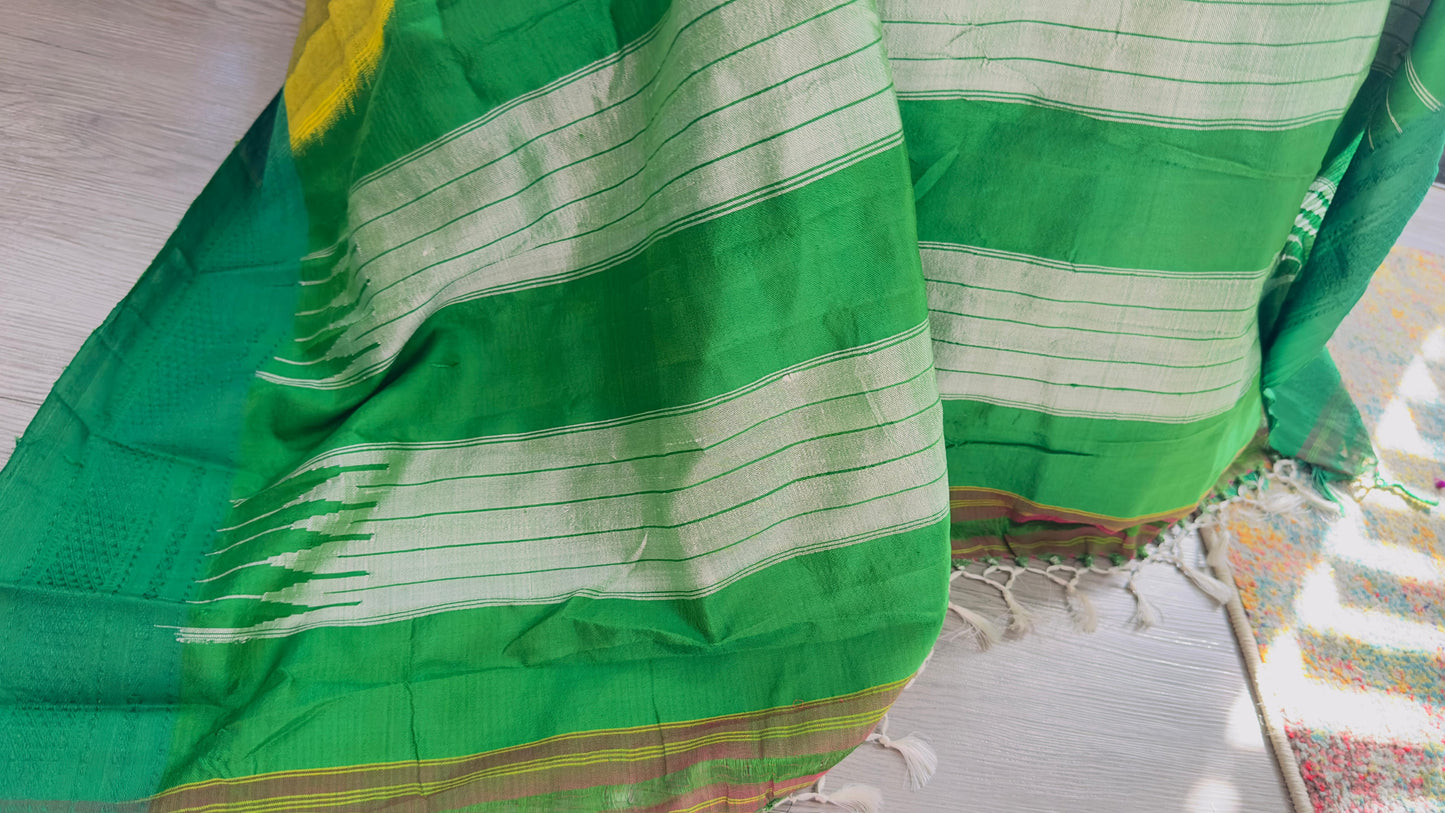 ILKAL Henna green with leaf green border SICO ( Cotton*Silk ) handloom saree with Chikapars Border