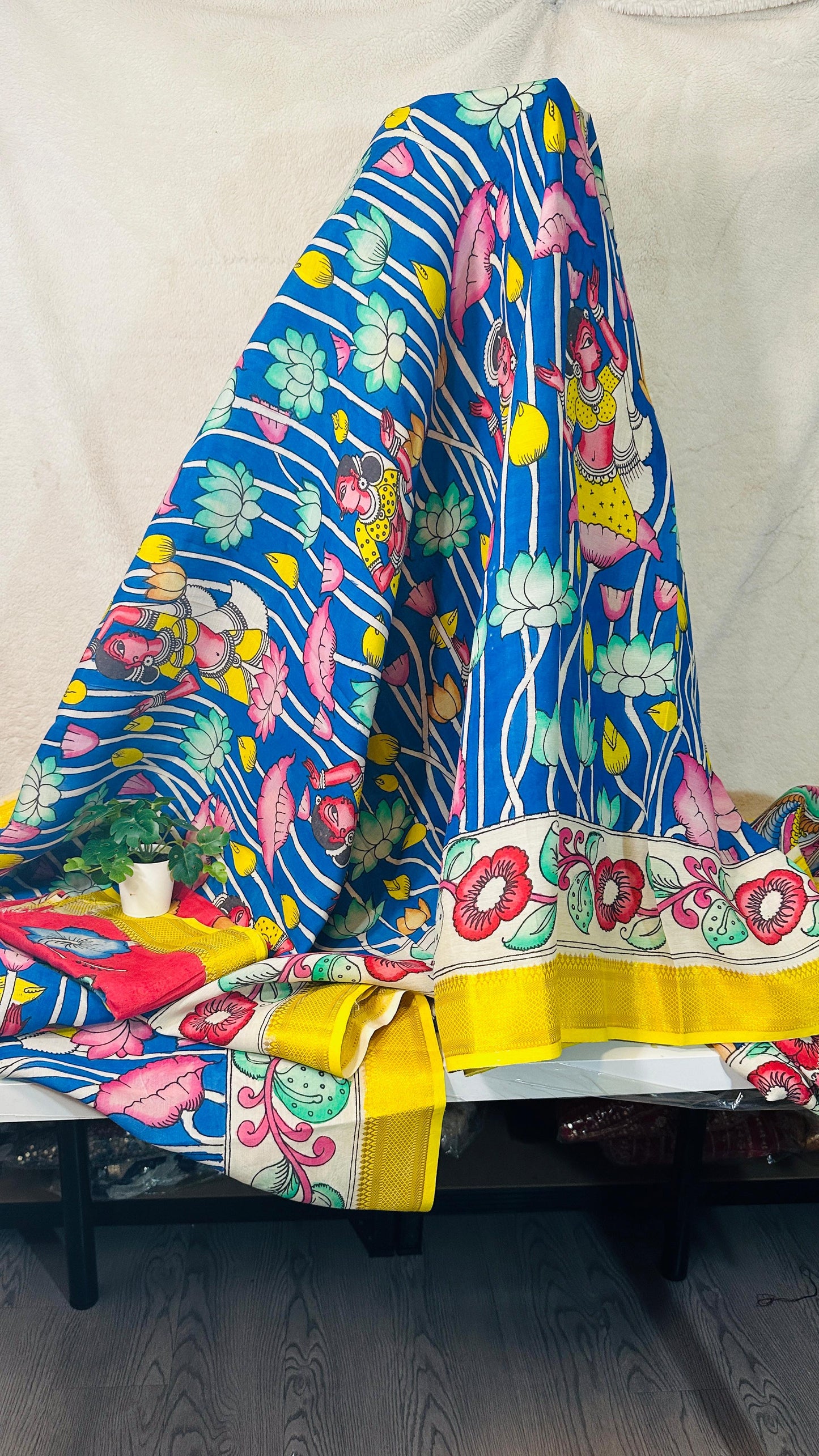 Ink Blue pure Bangalore silk hand drawn- hand painted Pen Kalamkari Saree