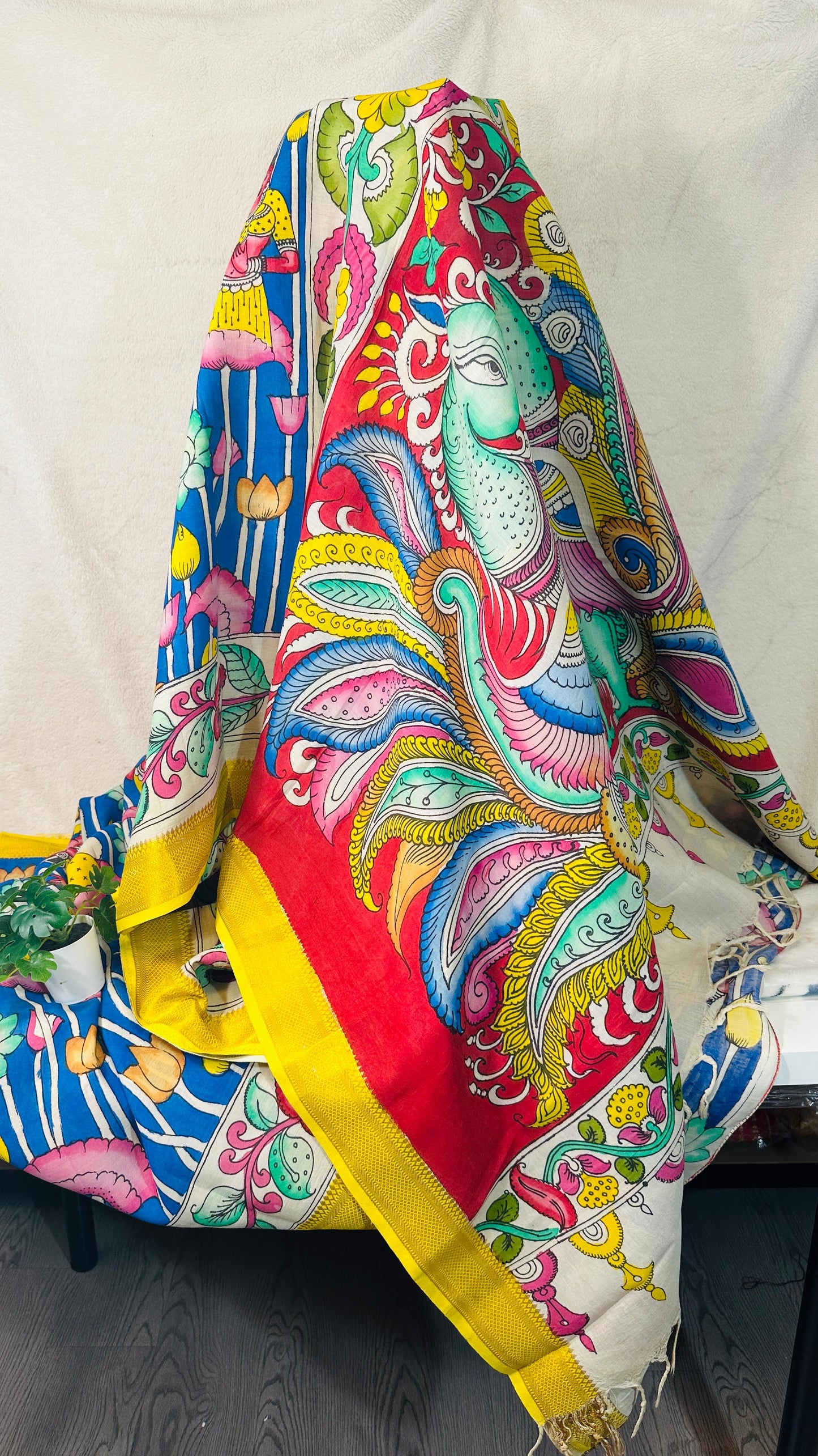 Ink Blue pure Bangalore silk hand drawn- hand painted Pen Kalamkari Saree
