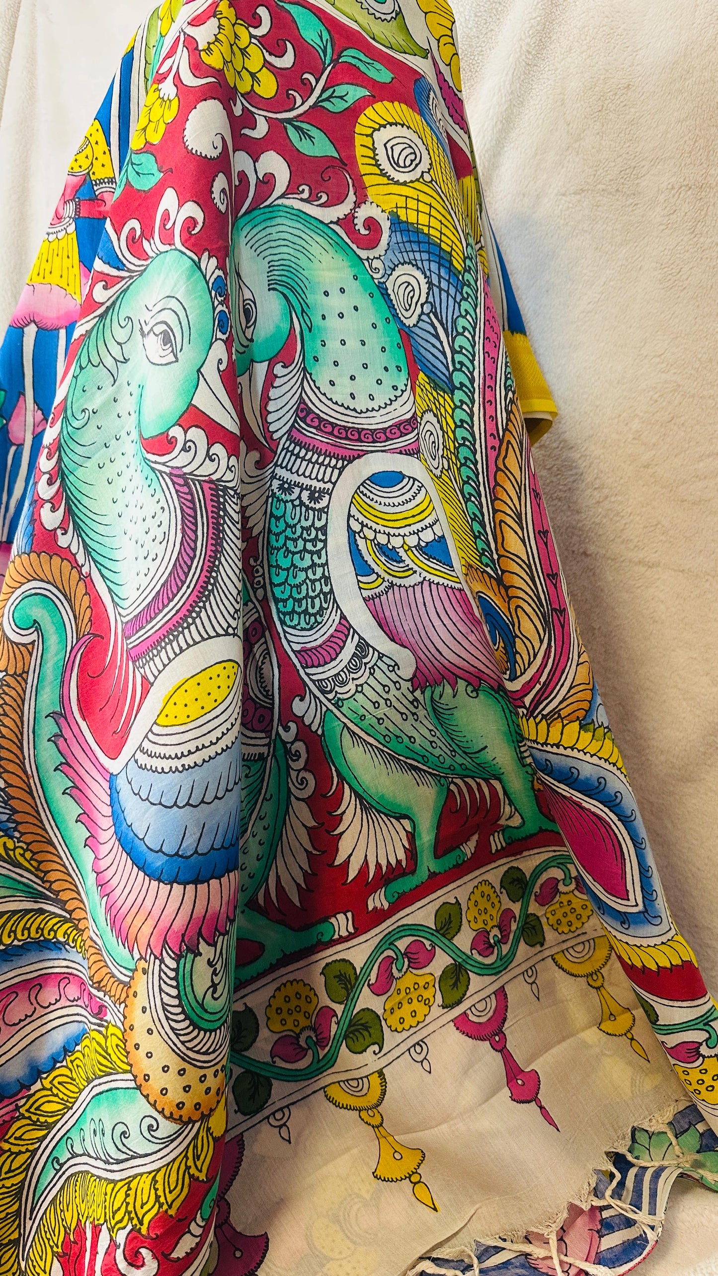 Ink Blue pure Bangalore silk hand drawn- hand painted Pen Kalamkari Saree