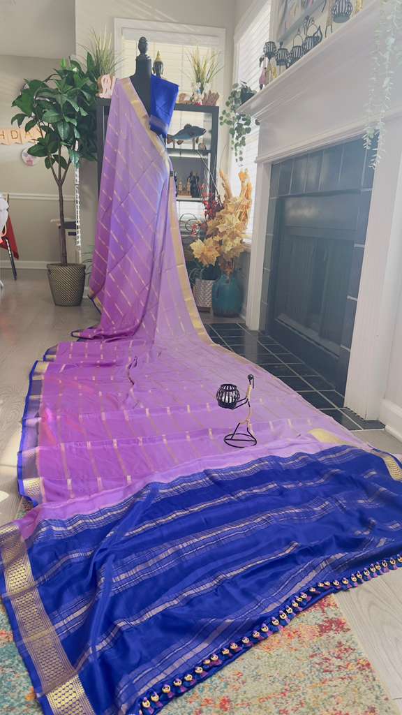 Lavender 2D Ombré with Ink Blue Pallu Pure Mysore Silk Handloom Saree