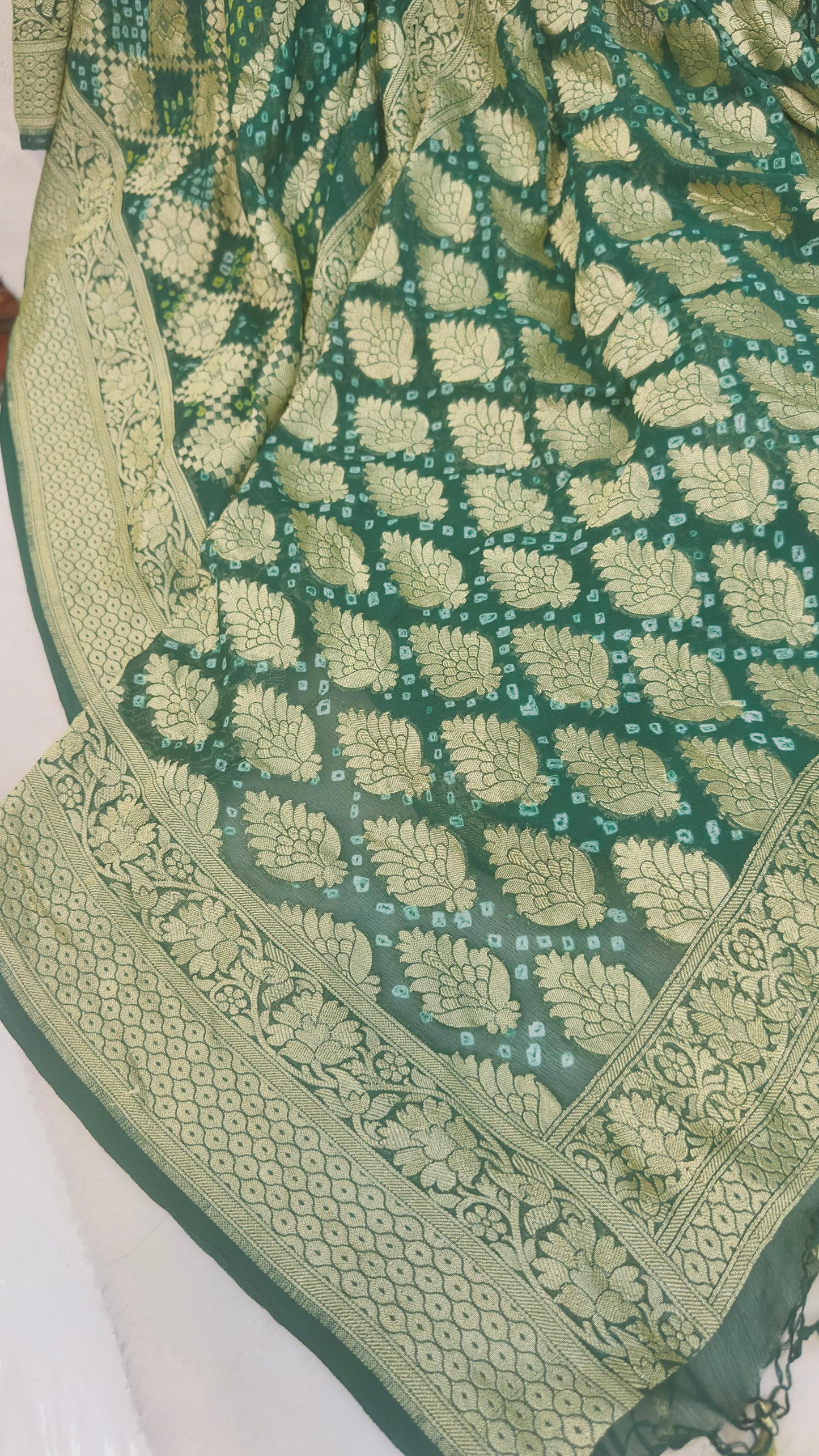 Leaf green Pure Khaddi Georgette hand rai Bandhani Banarasi saree with tested Gold zari weaving