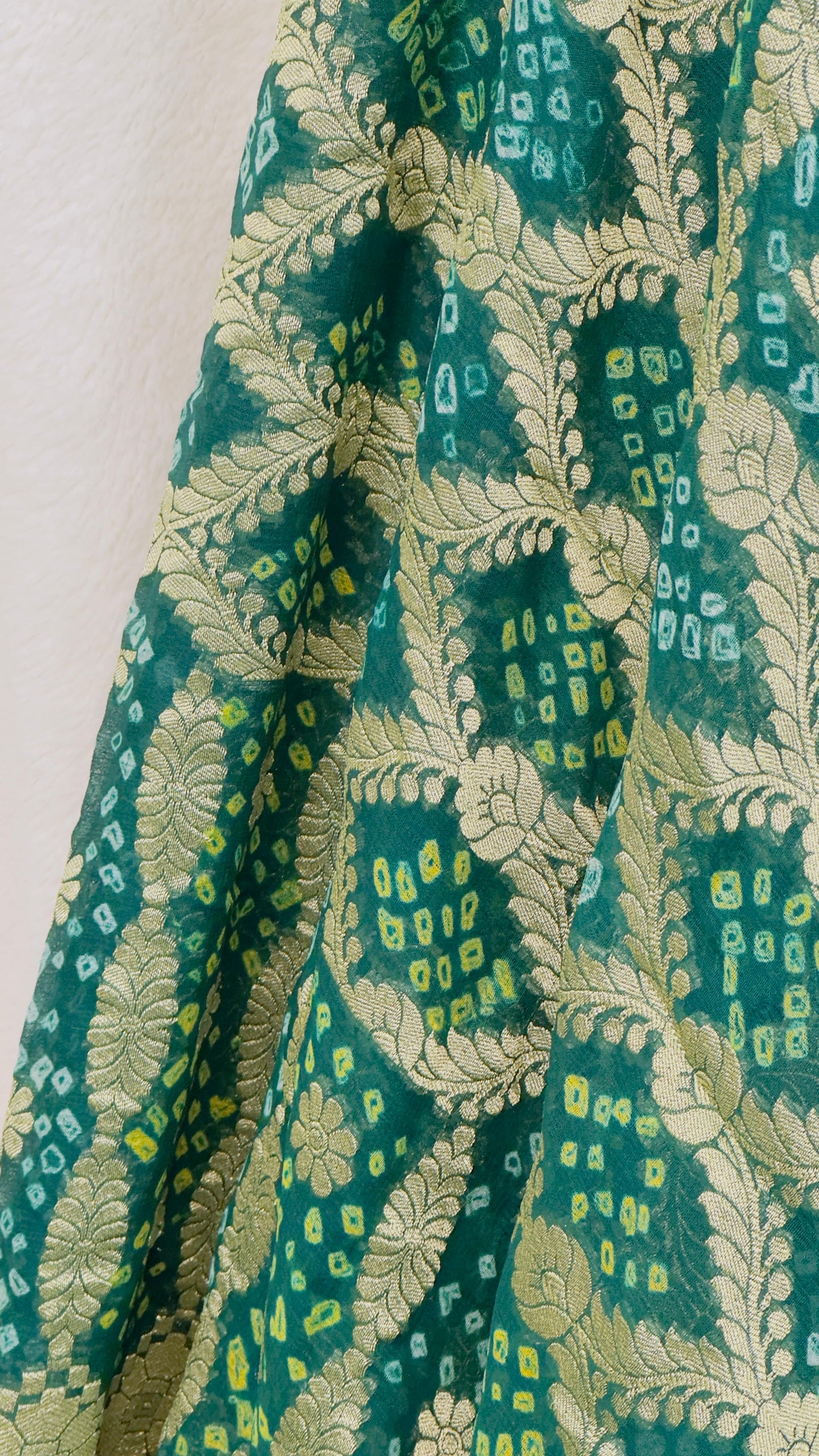 Leaf green Pure Khaddi Georgette hand rai Bandhani Banarasi saree with tested Gold zari weaving