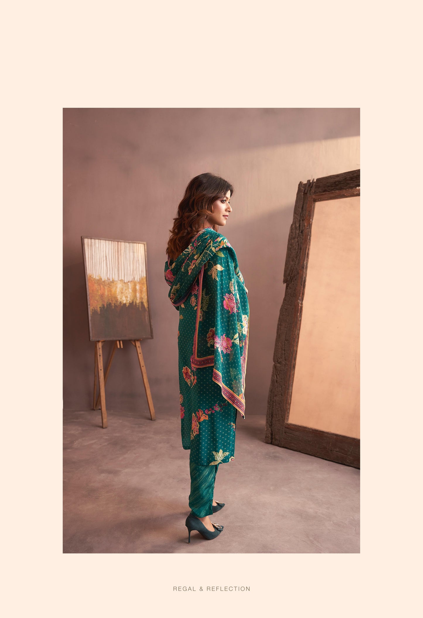 Leaf green lehriya Floral print crape silk suit highlighted with pearl, Cutdana & thread hand work