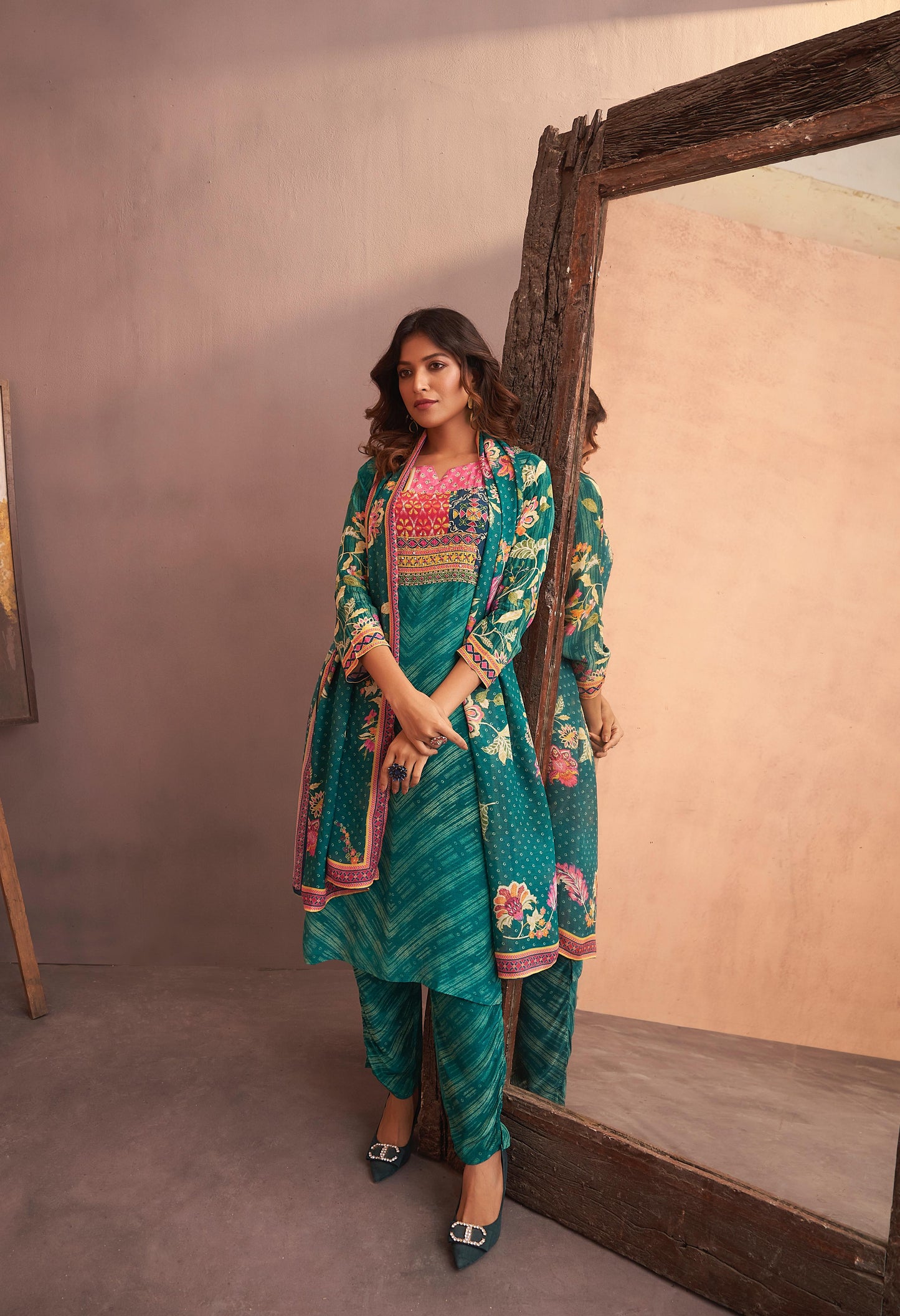 Leaf green lehriya Floral print crape silk suit highlighted with pearl, Cutdana & thread hand work