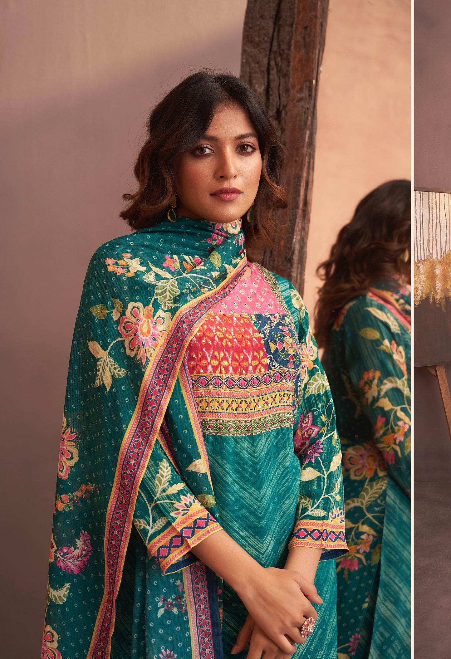 Leaf green lehriya Floral print crape silk suit highlighted with pearl, Cutdana & thread hand work