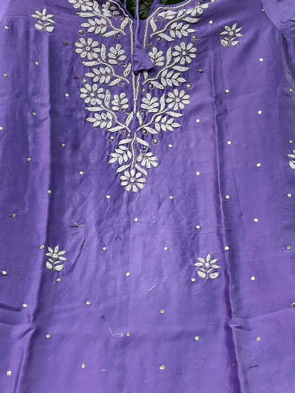 Lilac pure Mul chanderi Mukaish suit highlighted with mukaish & pearl handwork