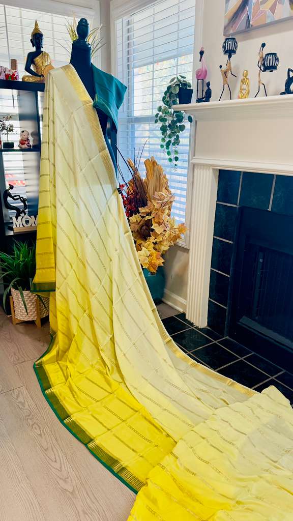 Lime Yellow 2D Ombré with Leaf Green Pallu Pure Mysore Silk Handloom Saree