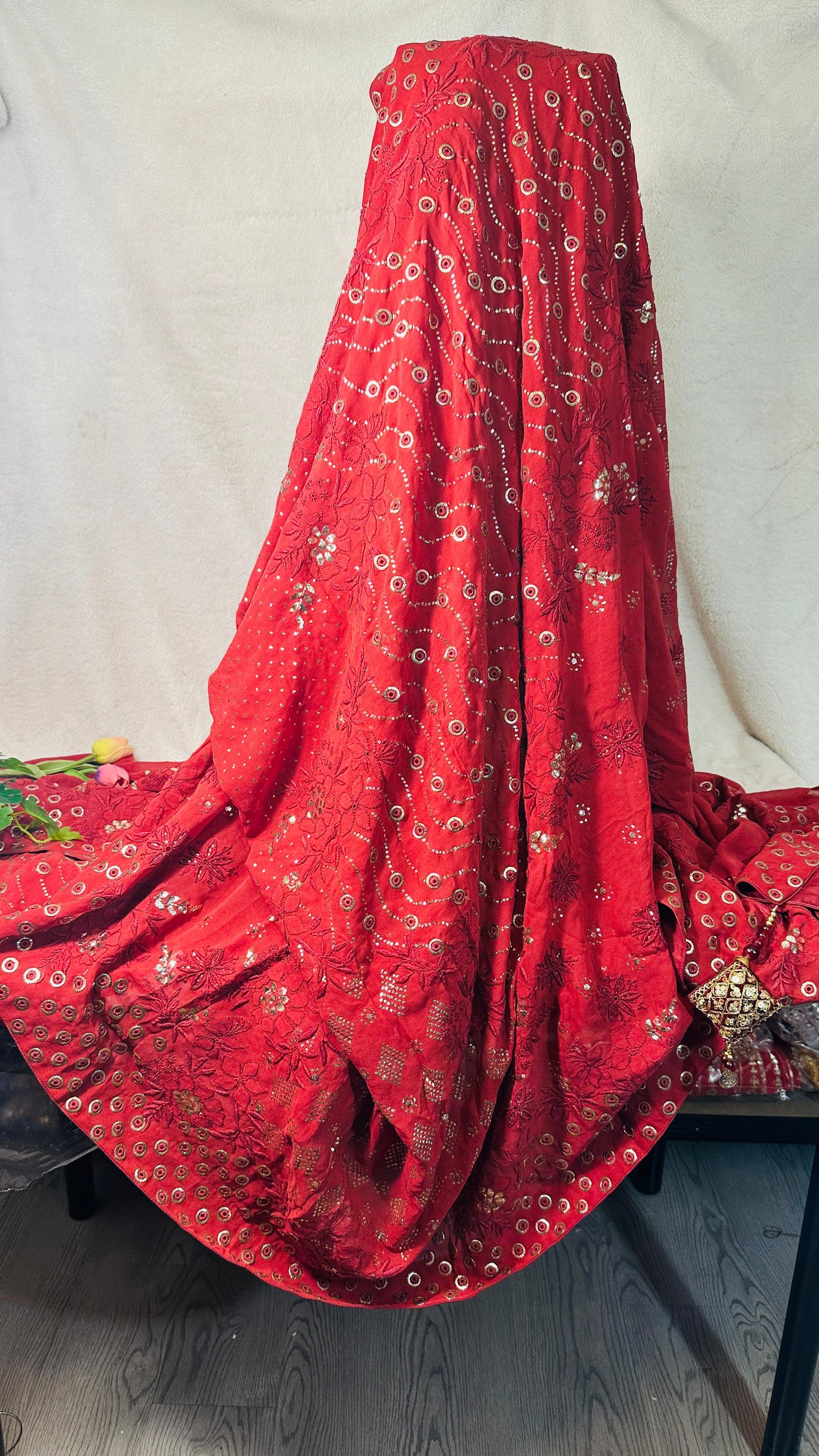 Maroon Pure Georgette Chikankari Saree enteric with fine Chikankari, jali & Ring Mukaish hand embroidery