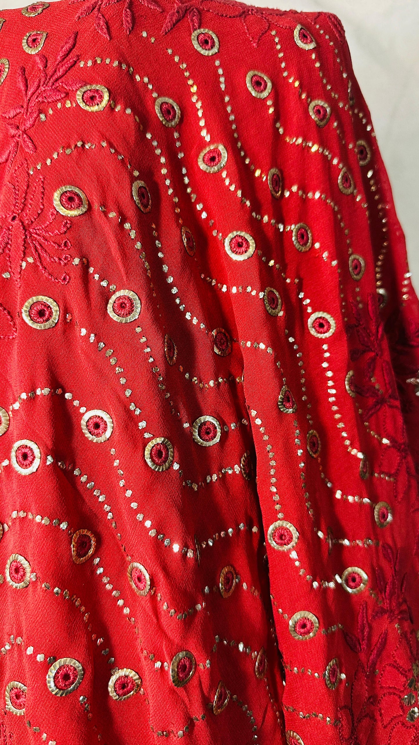 Maroon Pure Georgette Chikankari Saree enteric with fine Chikankari, jali & Ring Mukaish hand embroidery