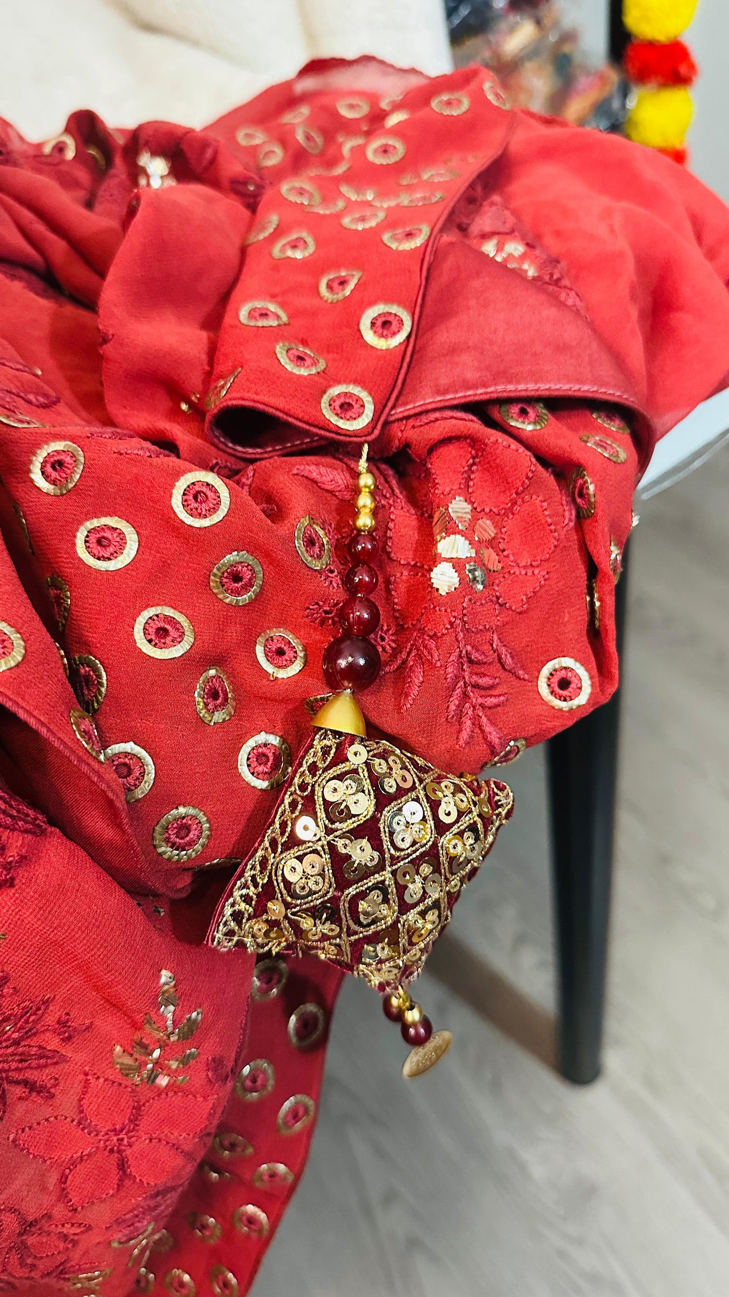 Maroon Pure Georgette Chikankari Saree enteric with fine Chikankari, jali & Ring Mukaish hand embroidery