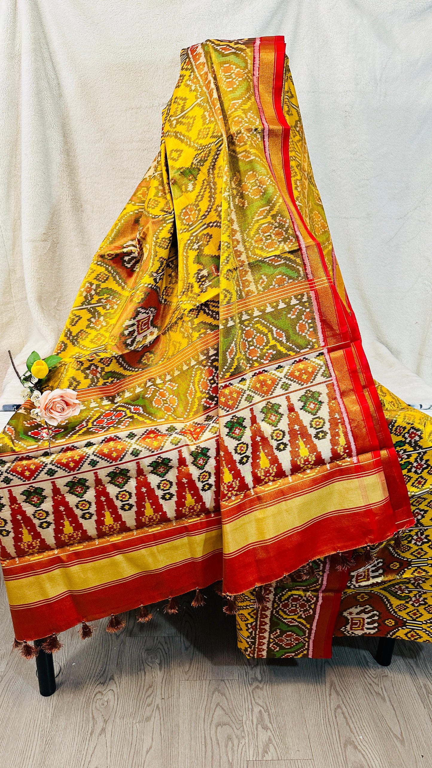 Mustard Yellow pure tissue silk semi double Patan Patola Handloom Saree