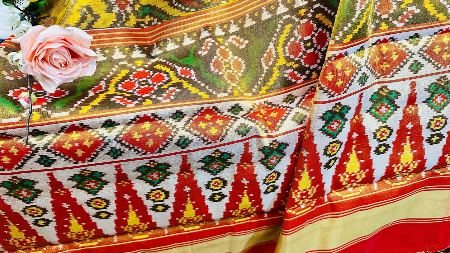 Mustard Yellow pure tissue silk semi double Patan Patola Handloom Saree