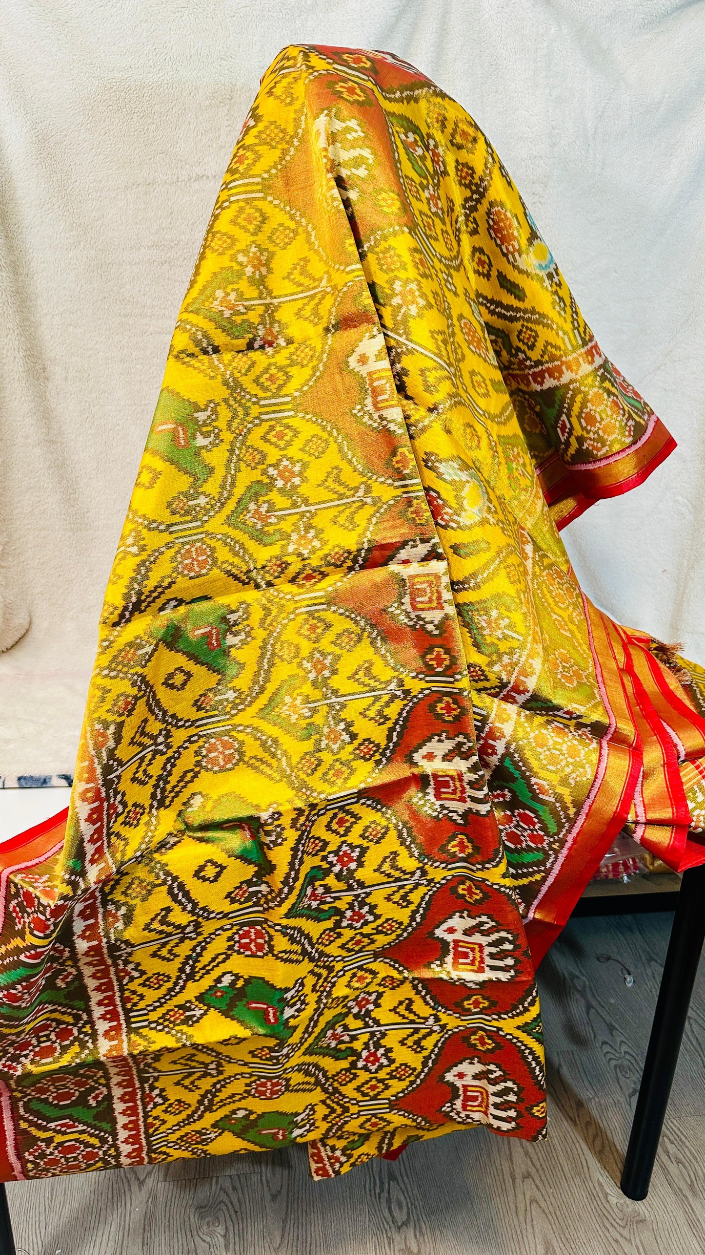 Mustard Yellow pure tissue silk semi double Patan Patola Handloom Saree