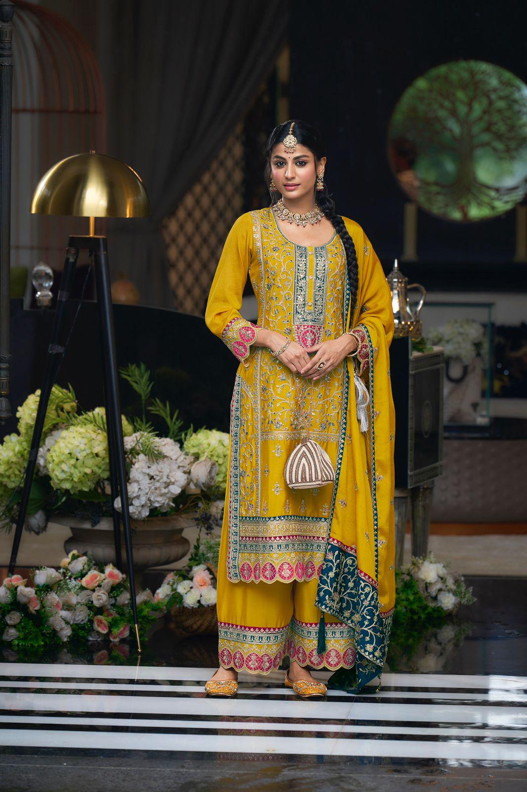 Mustard yellow CHINON silk suit highlighted with pearl, Cutdana & thread hand work