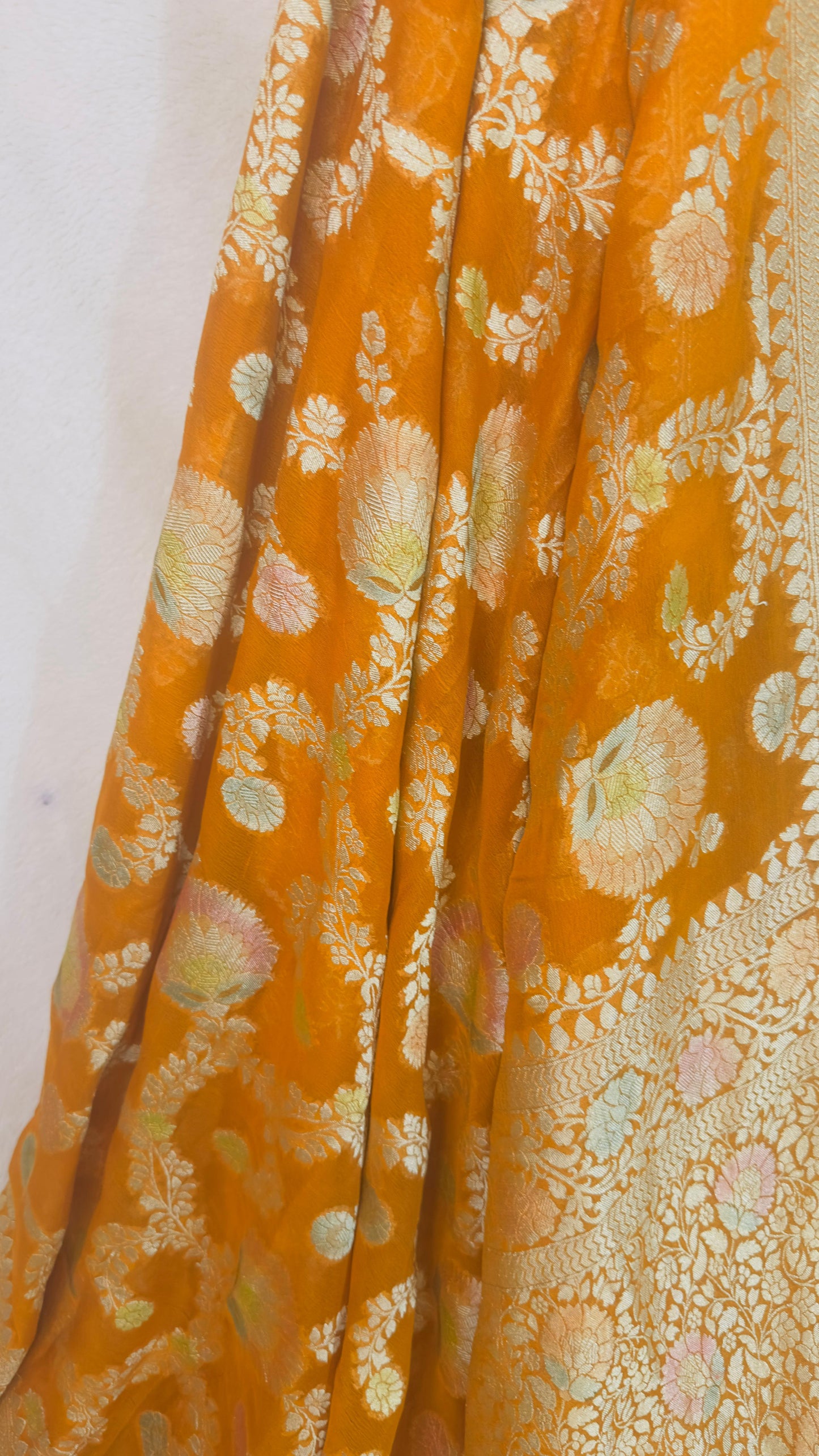 Mustard yellow Pure Khaddi Georgette handloom Banarasi saree with tested Gold zari and Meenakari weaving
