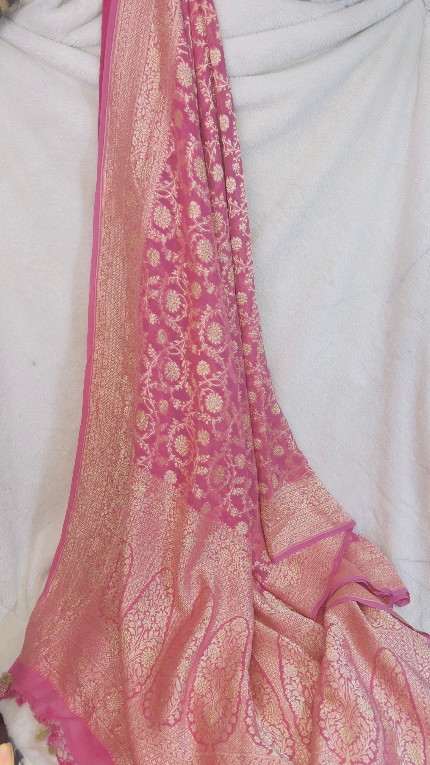 Onion pink Pure Khaddi Georgette handloom Banarasi saree with tested Gold zari weaving