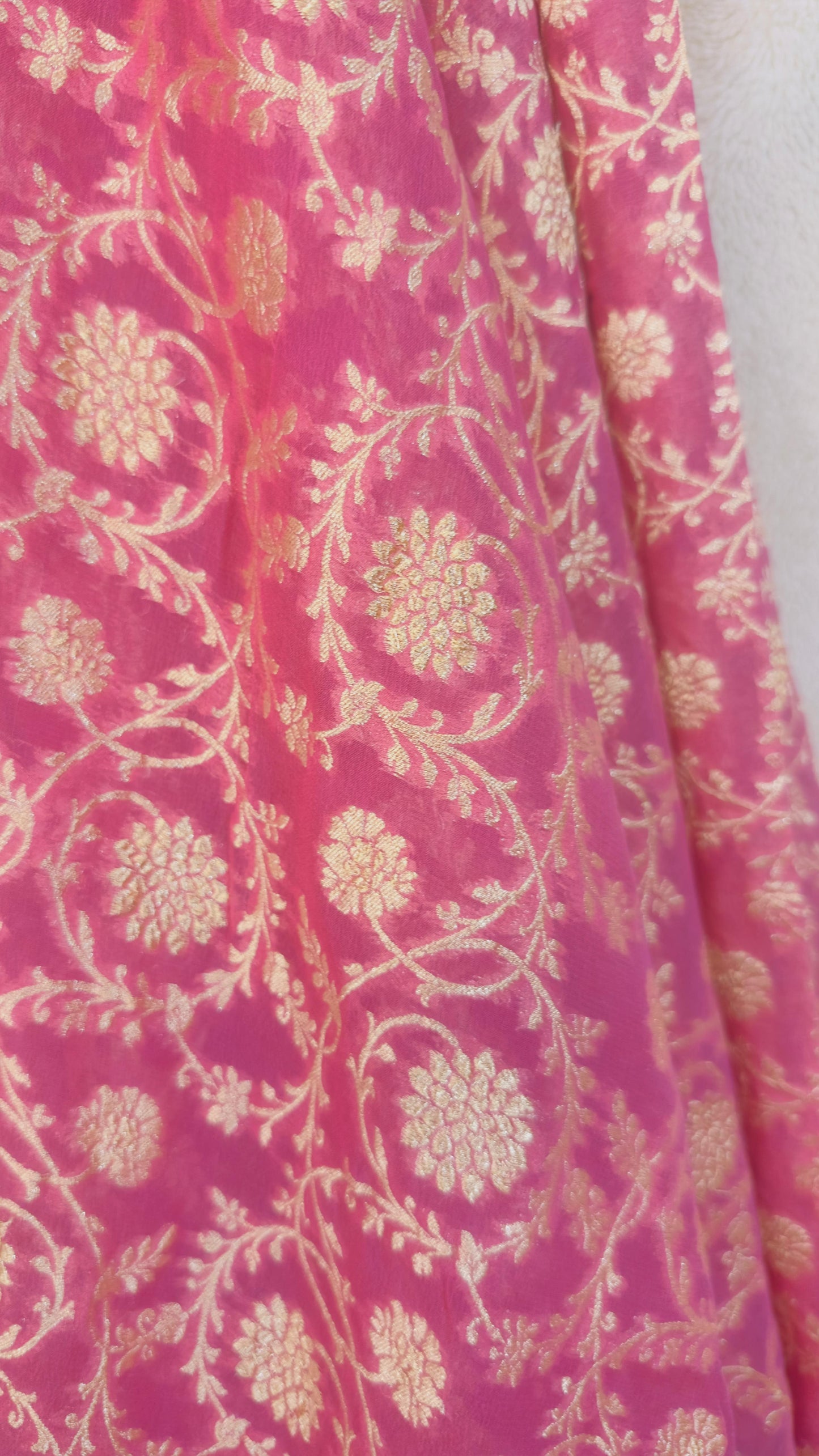 Onion pink Pure Khaddi Georgette handloom Banarasi saree with tested Gold zari weaving
