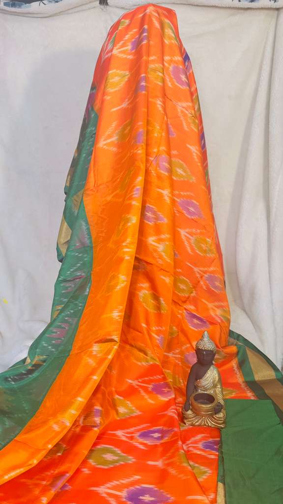 Orange & green pure silk Pochampalli ikkat Handloom Saree