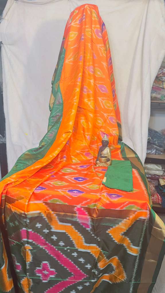 Orange & green pure silk Pochampalli ikkat Handloom Saree