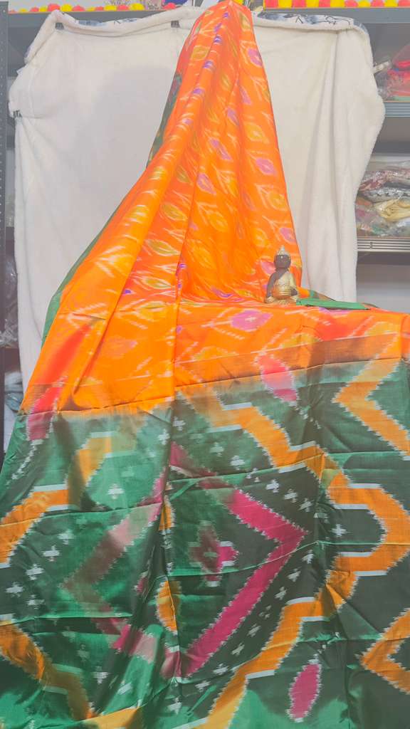 Orange & green pure silk Pochampalli ikkat Handloom Saree