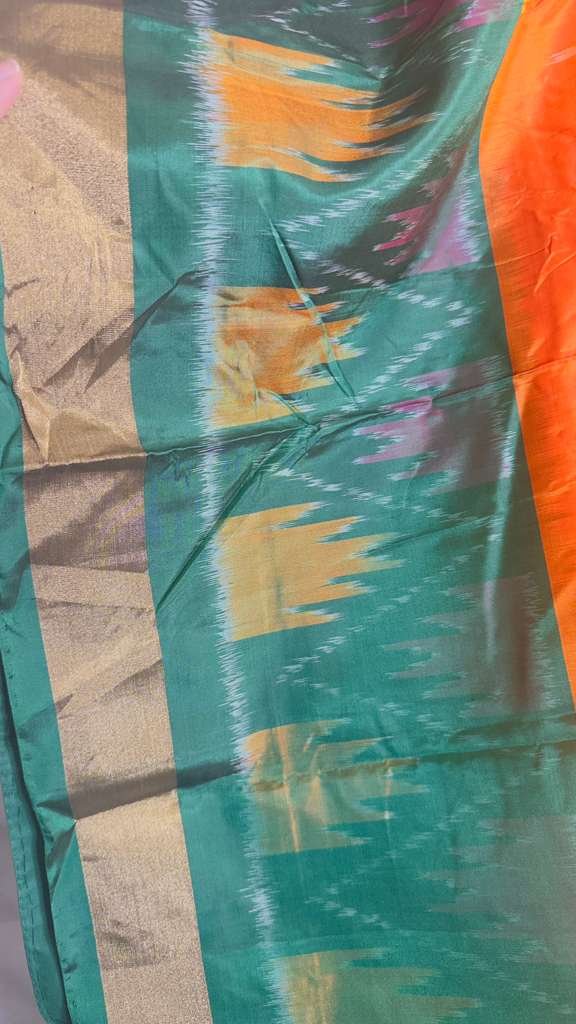 Orange & green pure silk Pochampalli ikkat Handloom Saree