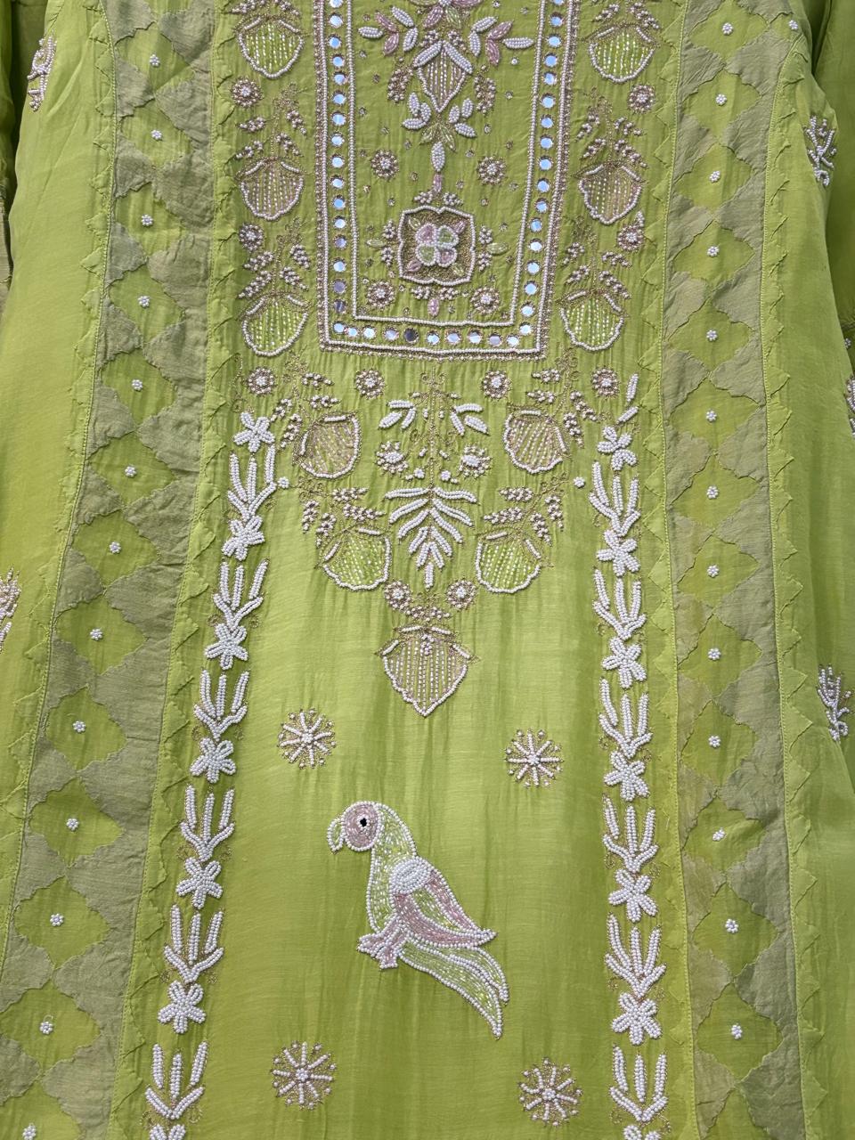 Parrot green pure Mulchanderi Mukaish suit highlighted with pearl & Cutdana handwork