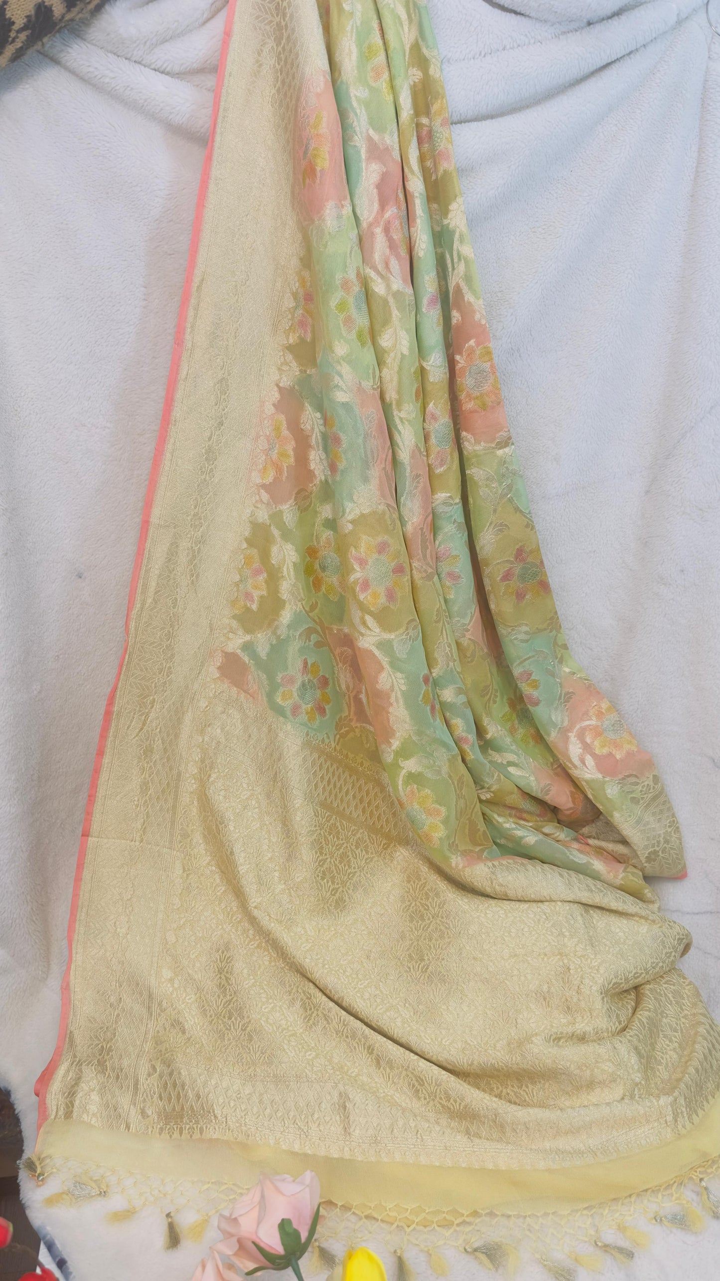 Pastel Rangkat Pure Khaddi Georgette handloom Banarasi saree with tested Gold zari weaving