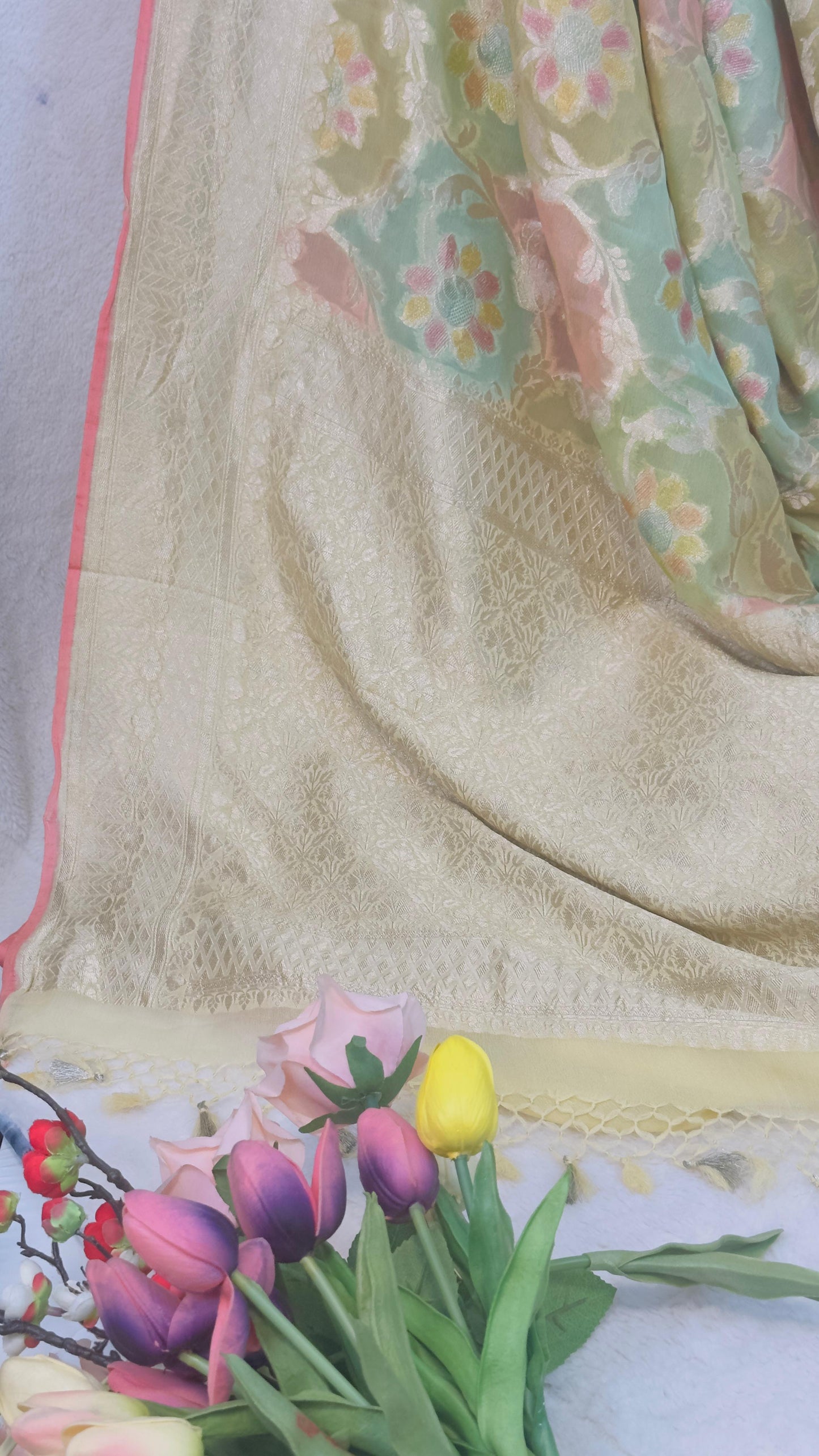 Pastel Rangkat Pure Khaddi Georgette handloom Banarasi saree with tested Gold zari weaving