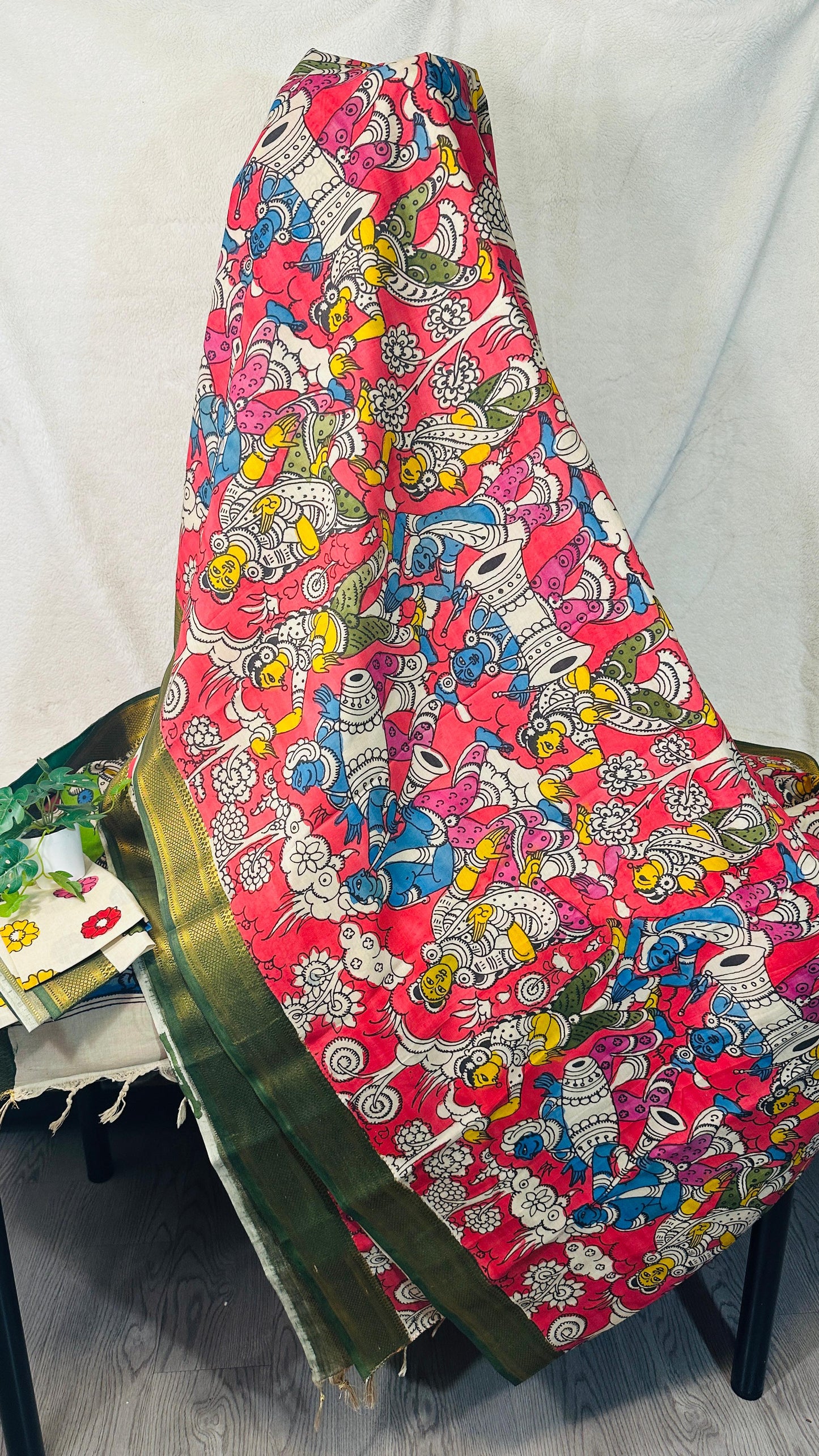 Pink pure Bangalore silk hand drawn- hand painted Pen Kalamkari Saree