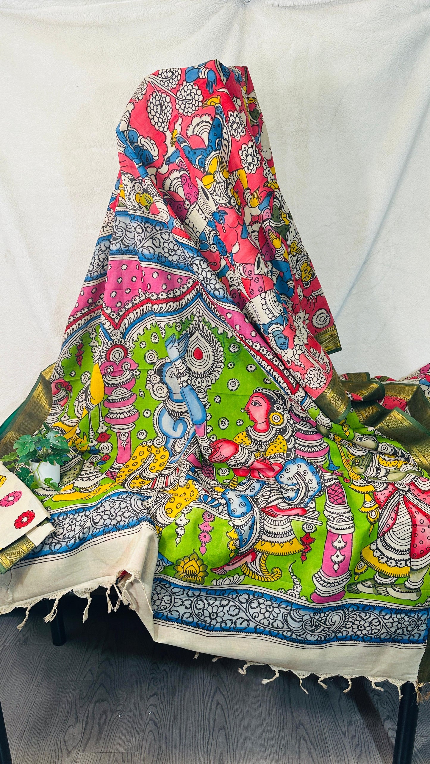 Pink pure Bangalore silk hand drawn- hand painted Pen Kalamkari Saree