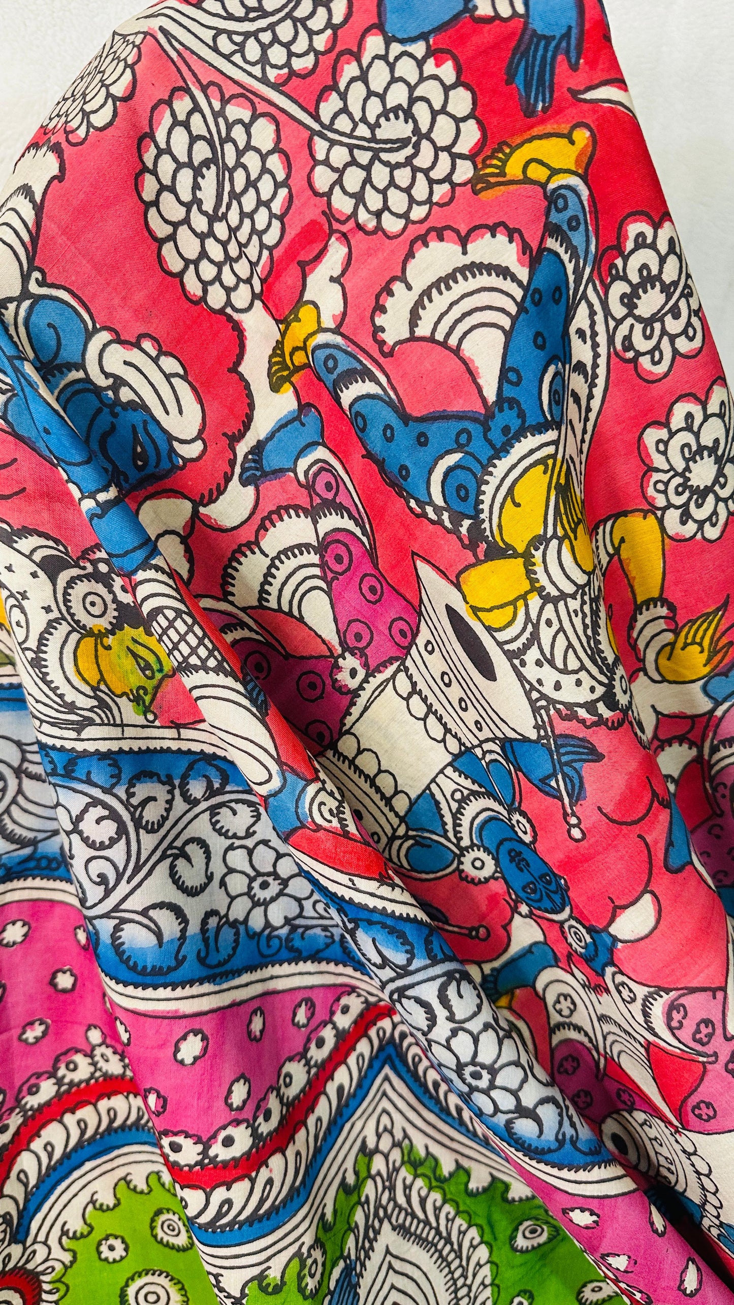 Pink pure Bangalore silk hand drawn- hand painted Pen Kalamkari Saree