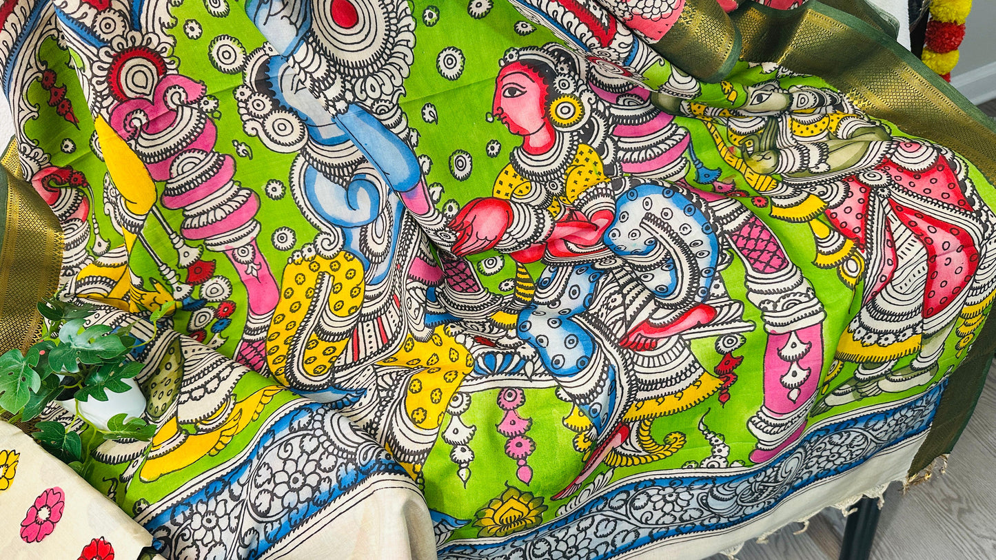 Pink pure Bangalore silk hand drawn- hand painted Pen Kalamkari Saree