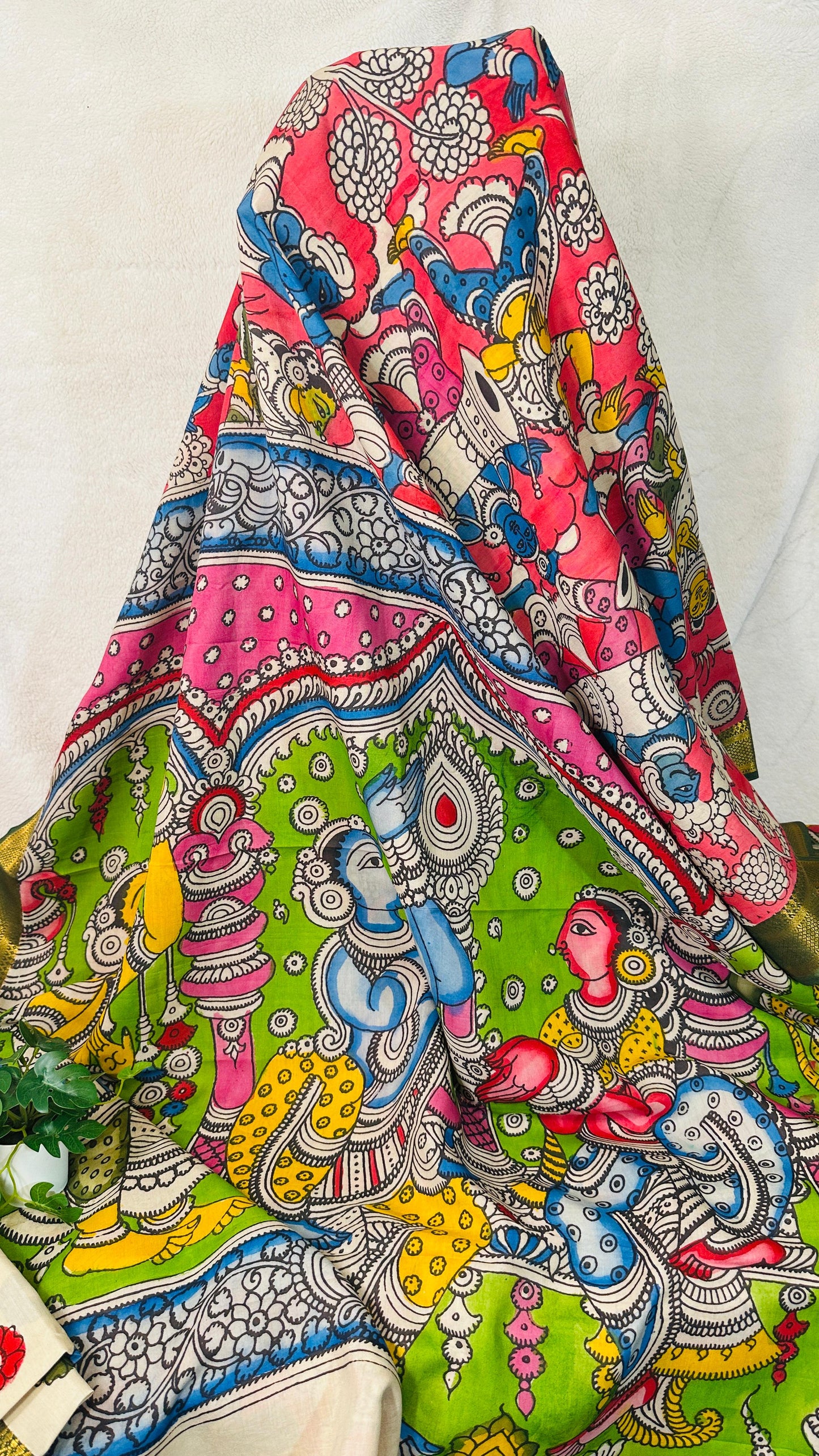 Pink pure Bangalore silk hand drawn- hand painted Pen Kalamkari Saree
