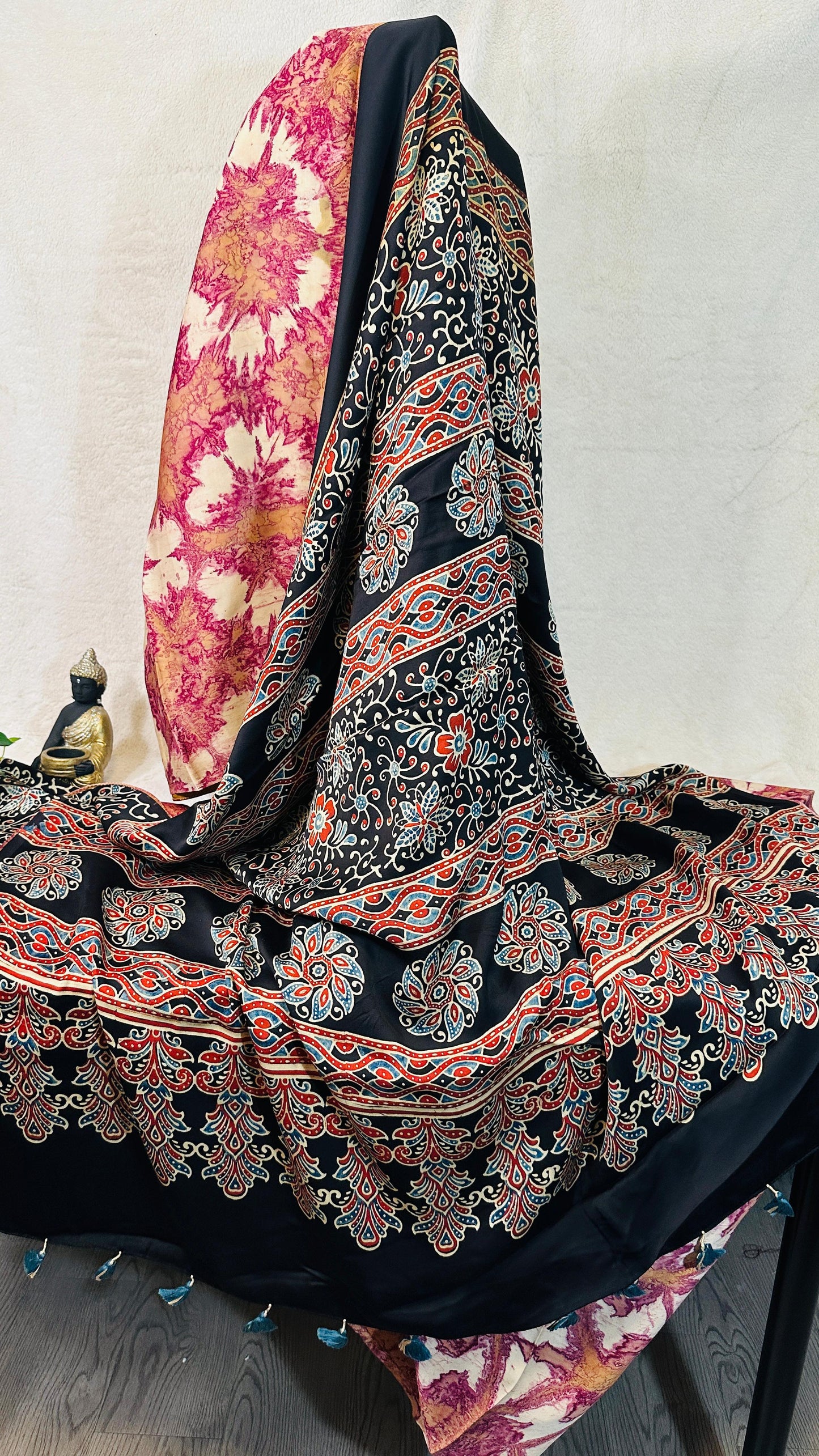 Pink with Beige Marble block Ajrakh natural dye Hand block print pure Modal silk saree