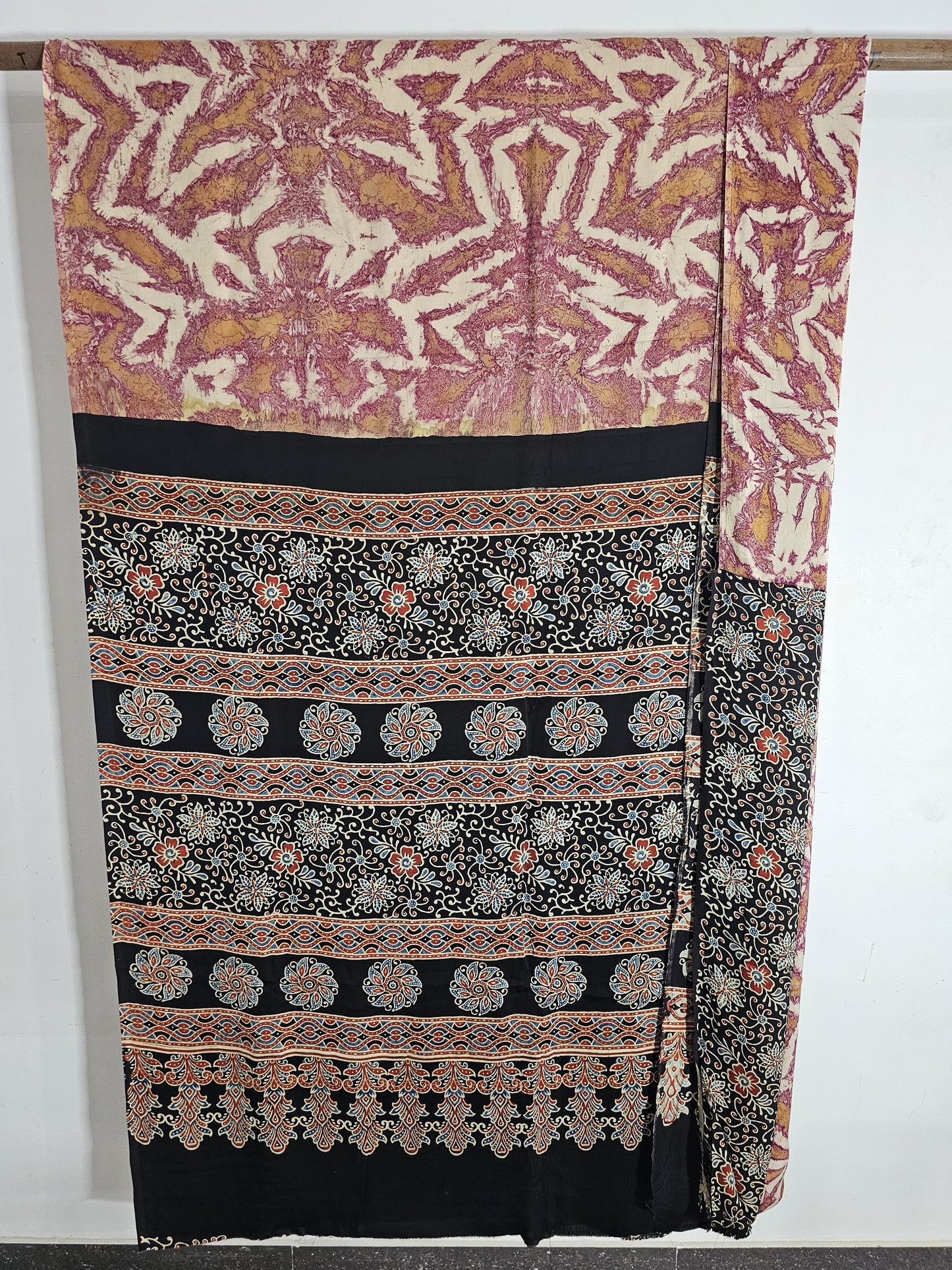 Pink with Beige Marble block Ajrakh natural dye Hand block print pure Modal silk saree