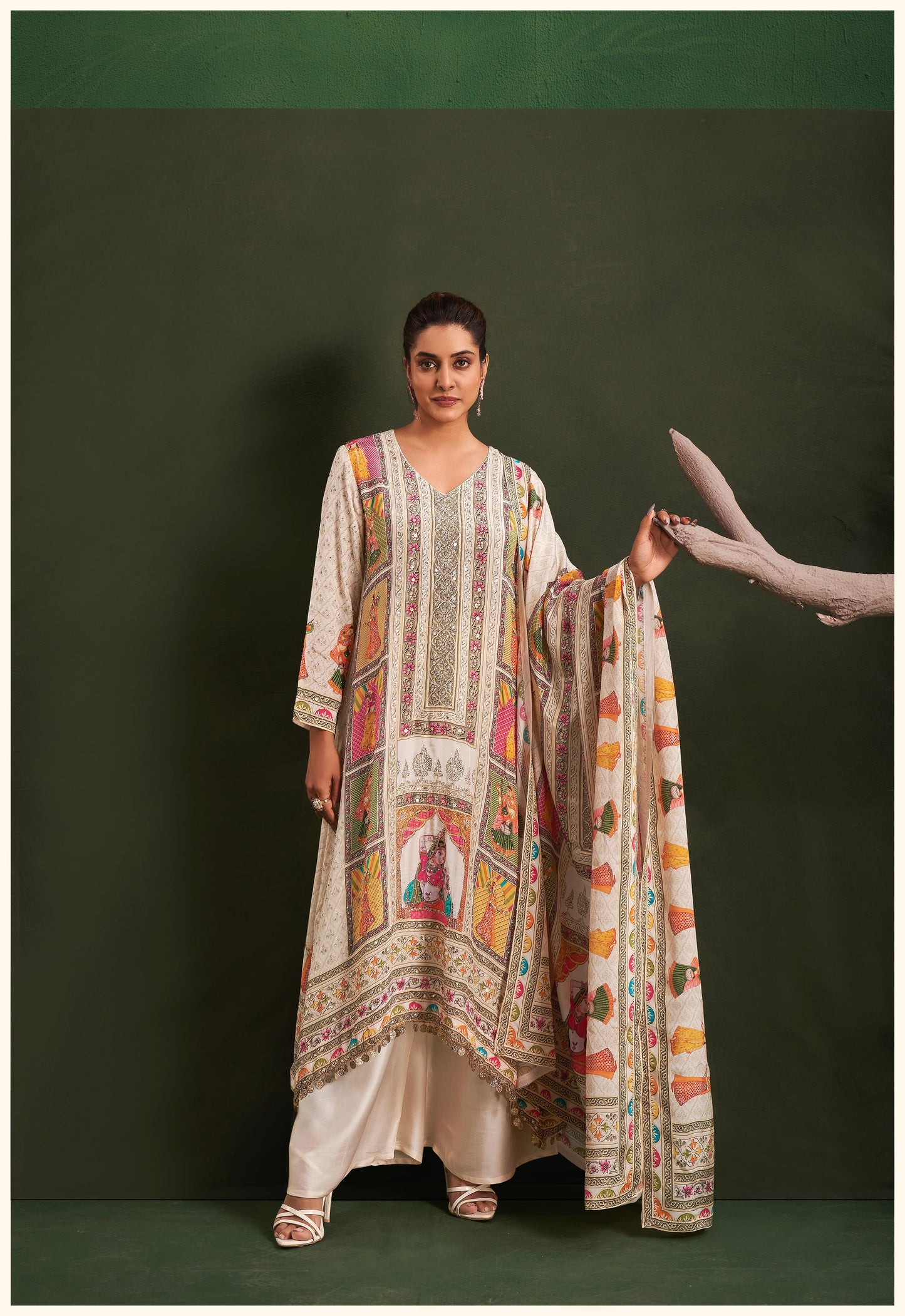 Beige Designer pure Crape silk palazzo suit with Radha Krishna digital print highlighted with stone & Coin work