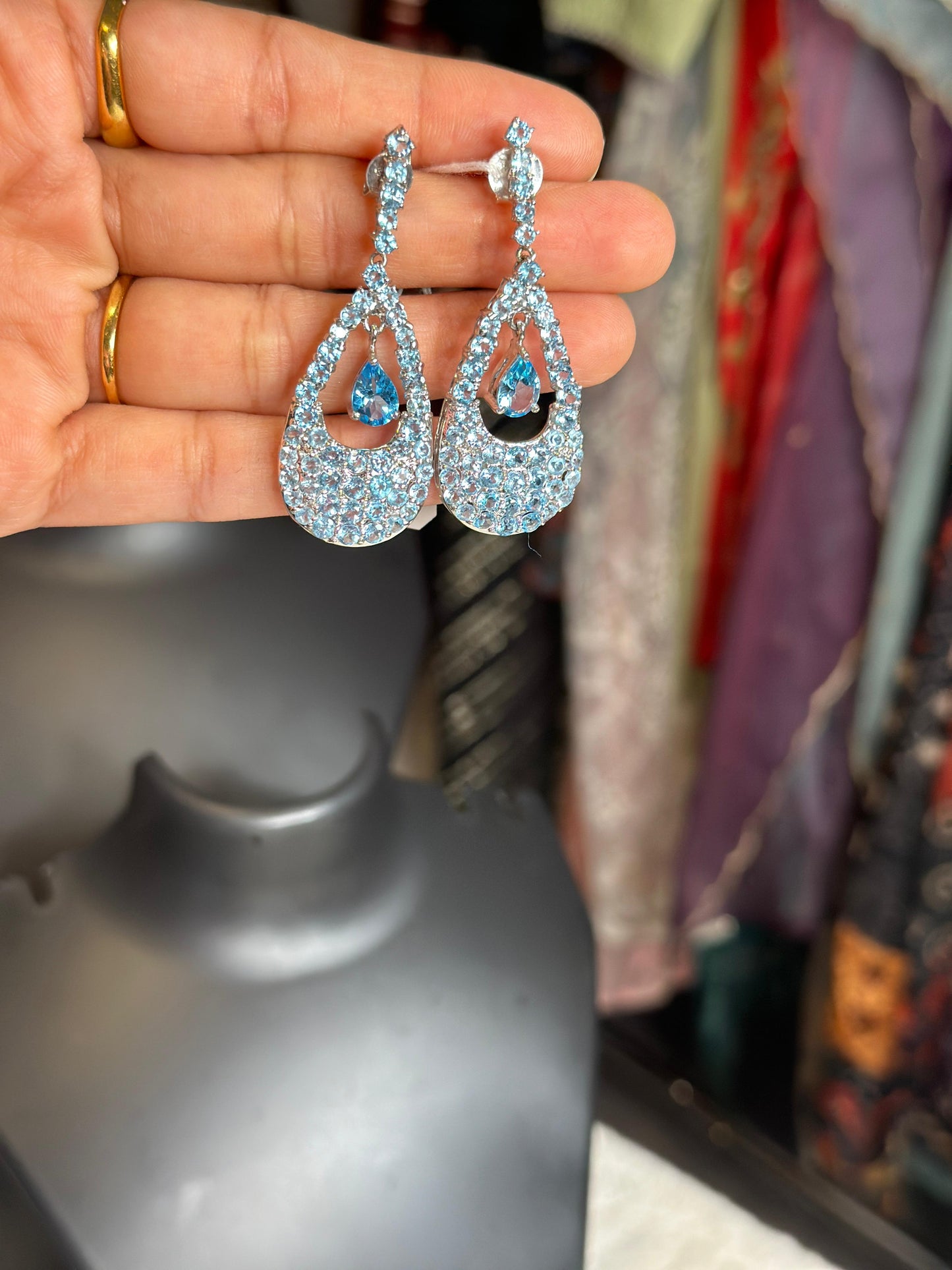 Pure 92.5 Silver Blue topaz Earrings embellished with semiprecious Blue topaz stone and CZ