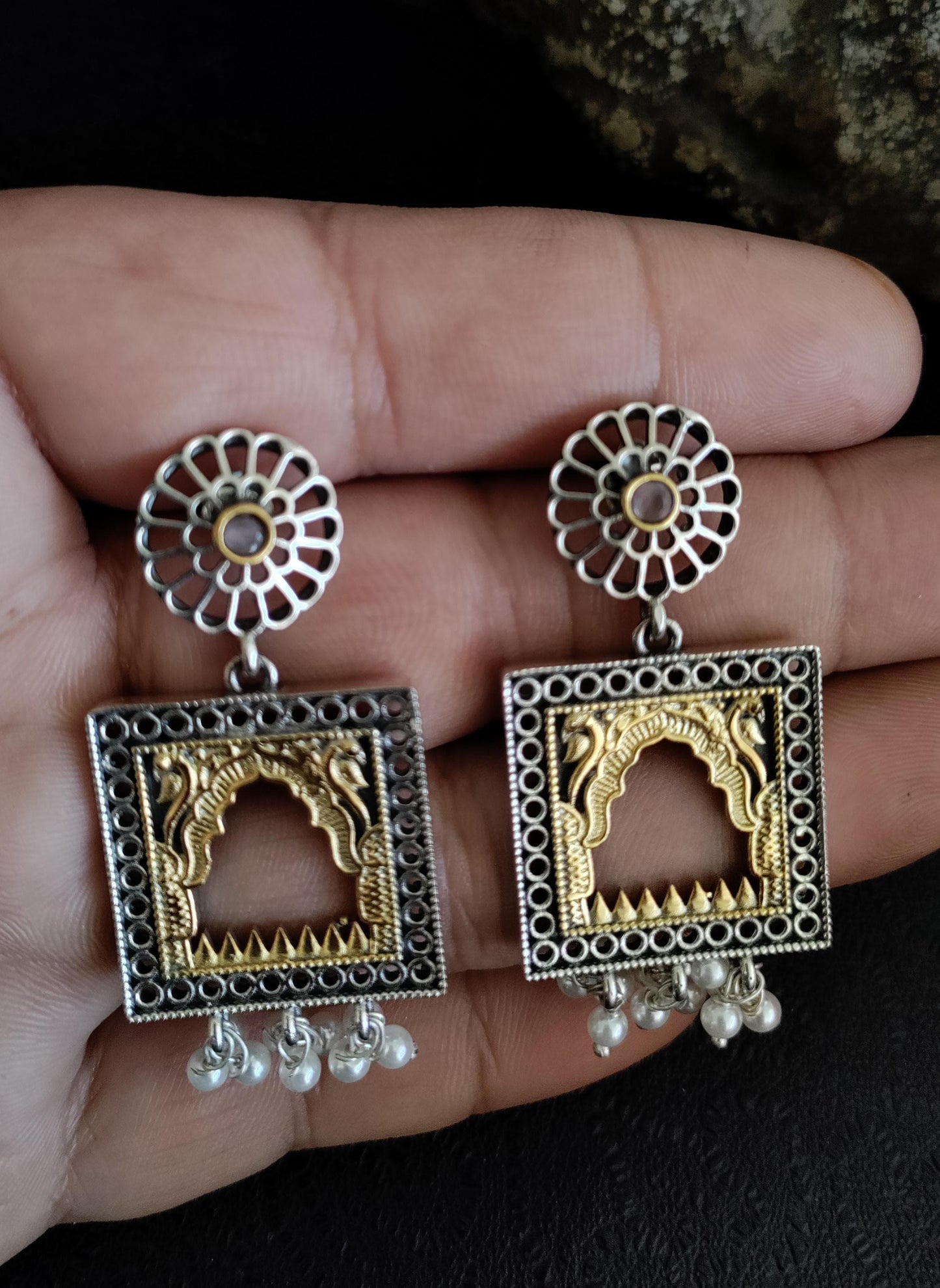 Pure 92.5 Silver Dual Earrings embellished with fresh water pearls