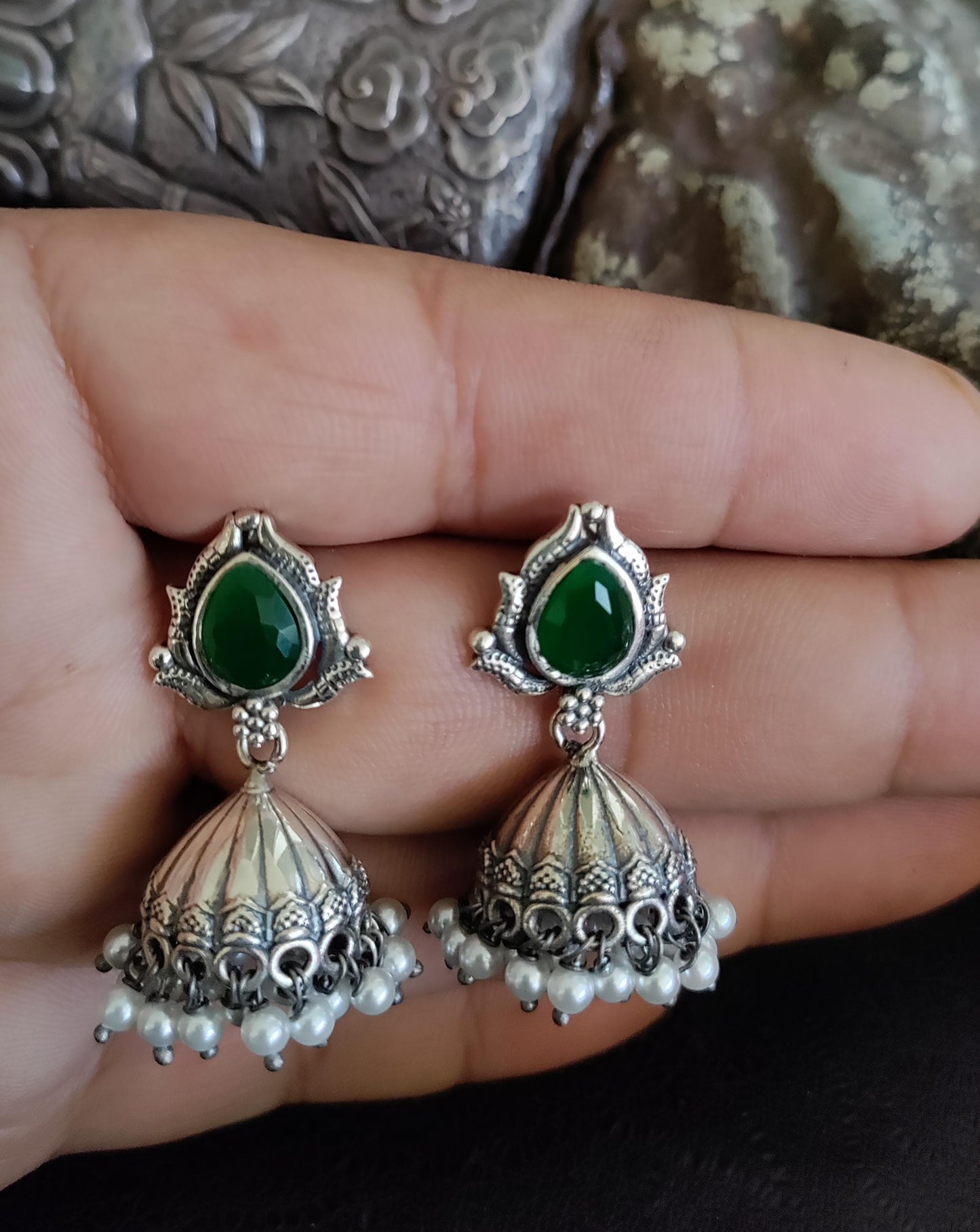 Pure 92.5 Silver ( Silver tone ) Earrings embellished with semiprecious Emerald green stone