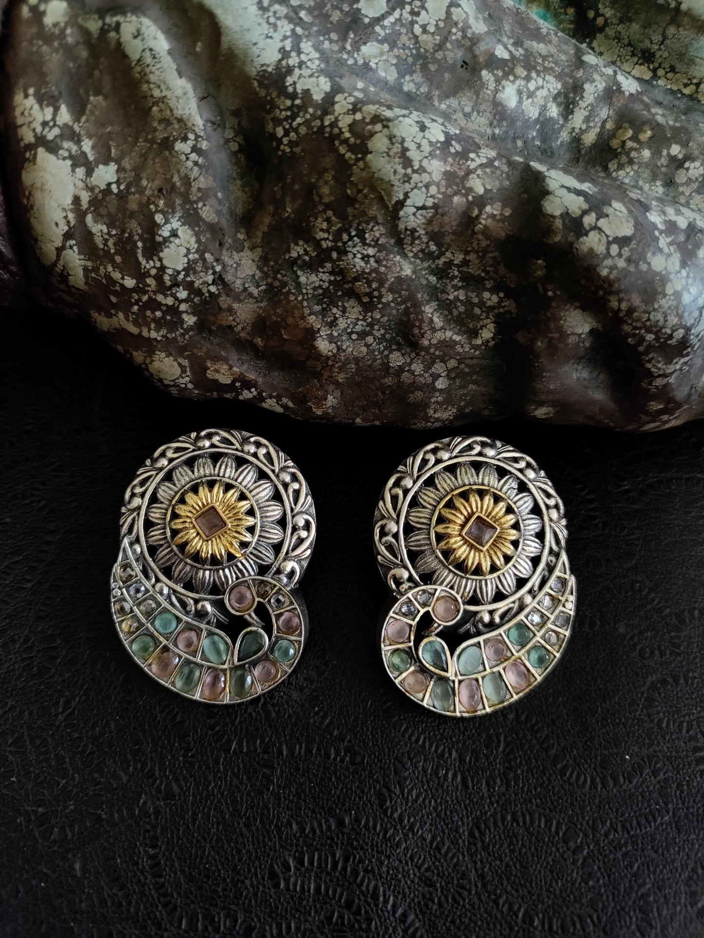Pure 92.5 Silver Dual Earrings embellished with semiprecious jade & pink stone