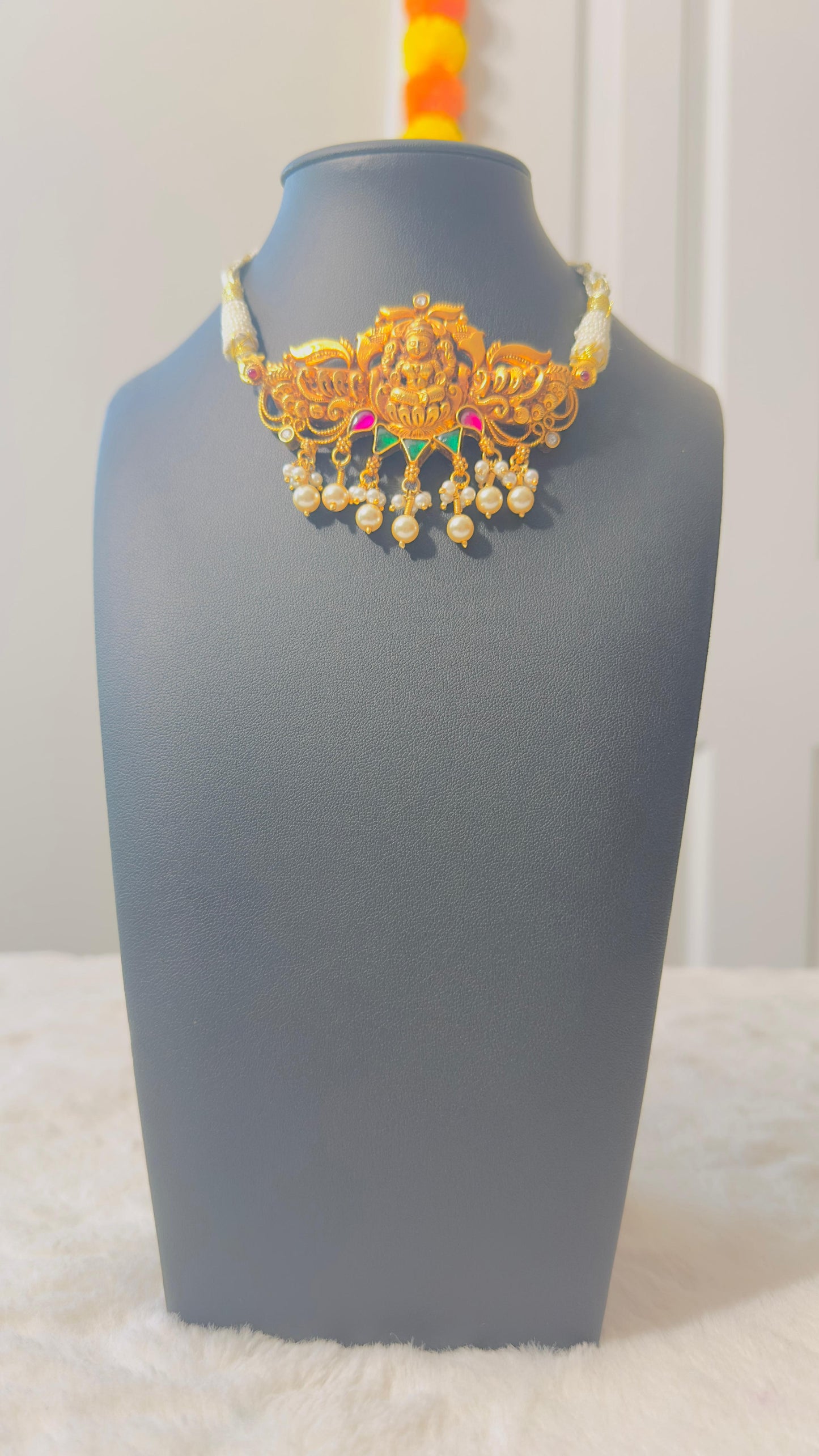 Pure 92.5 Silver Goddess Laxmi choker with Gold polish embellishment with Ruby & emerald Kundan & fresh water pearls