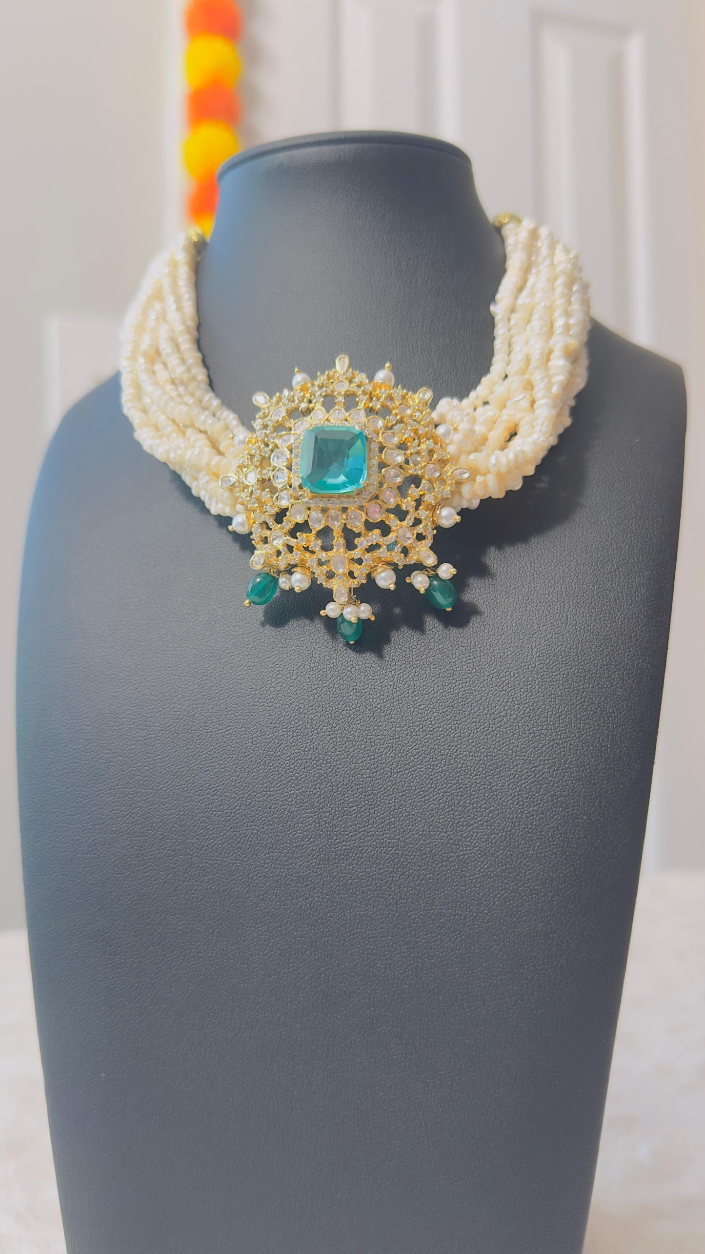 Pure 92.5 Silver Goddess Laxmi choker with Gold polish embellishment with Semiprecious Jade stone with CZ & fresh water pearls