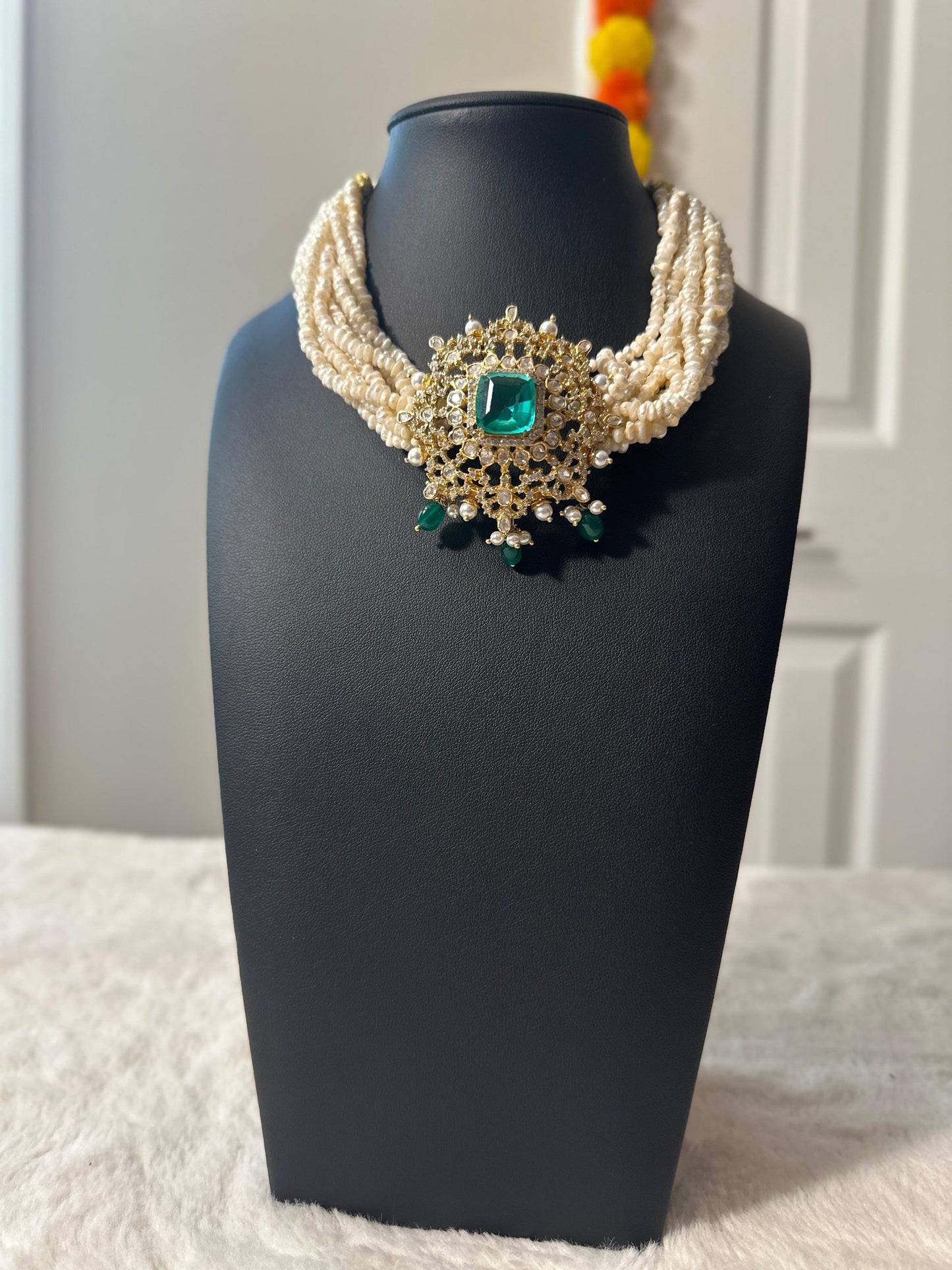 Pure 92.5 Silver Goddess Laxmi choker with Gold polish embellishment with Semiprecious Jade stone with CZ & fresh water pearls