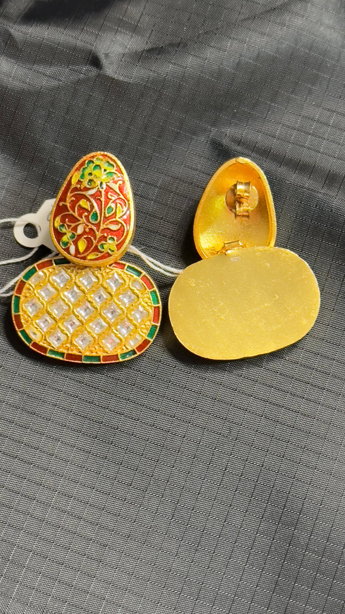 Pure 92.5 Silver Gold tone Earrings embellished with polki & hand Meenakari