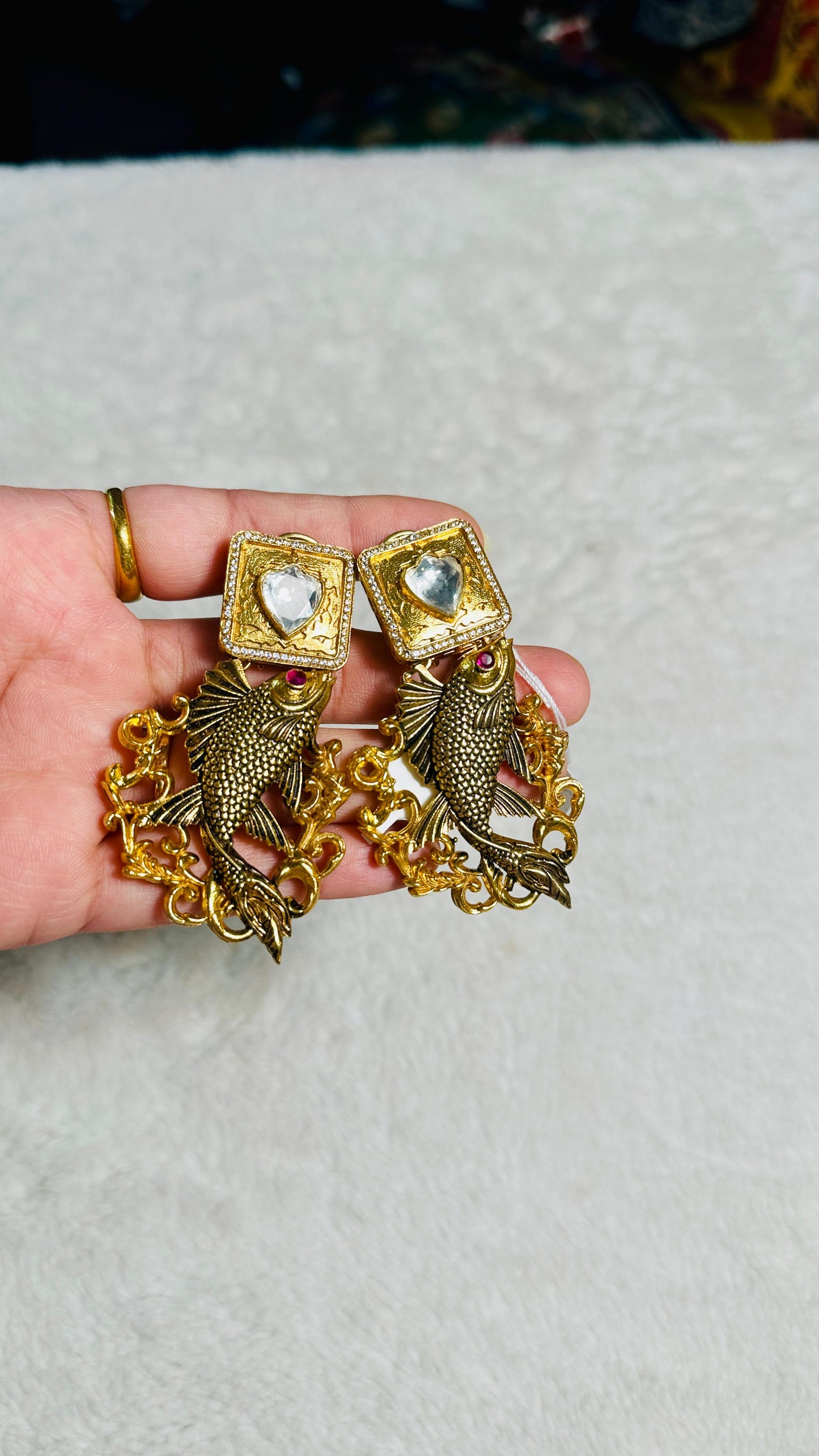 Pure 92.5 Silver Gold tone Fish Fusion Earrings embellished with semiprecious Ruby beads & Moissanite.