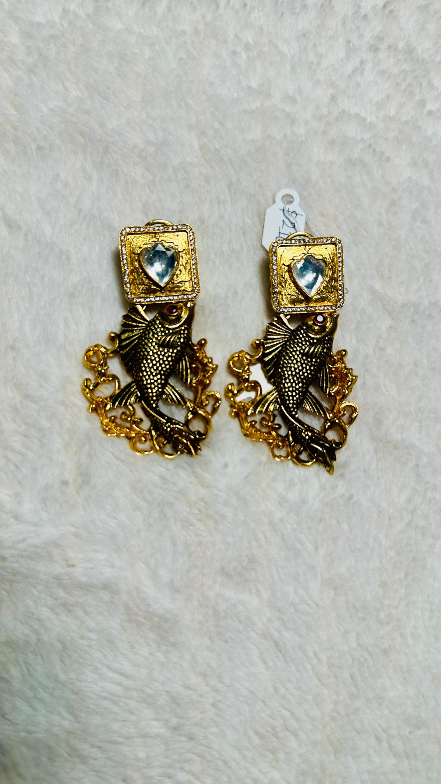 Pure 92.5 Silver Gold tone Fish Fusion Earrings embellished with semiprecious Ruby beads & Moissanite.