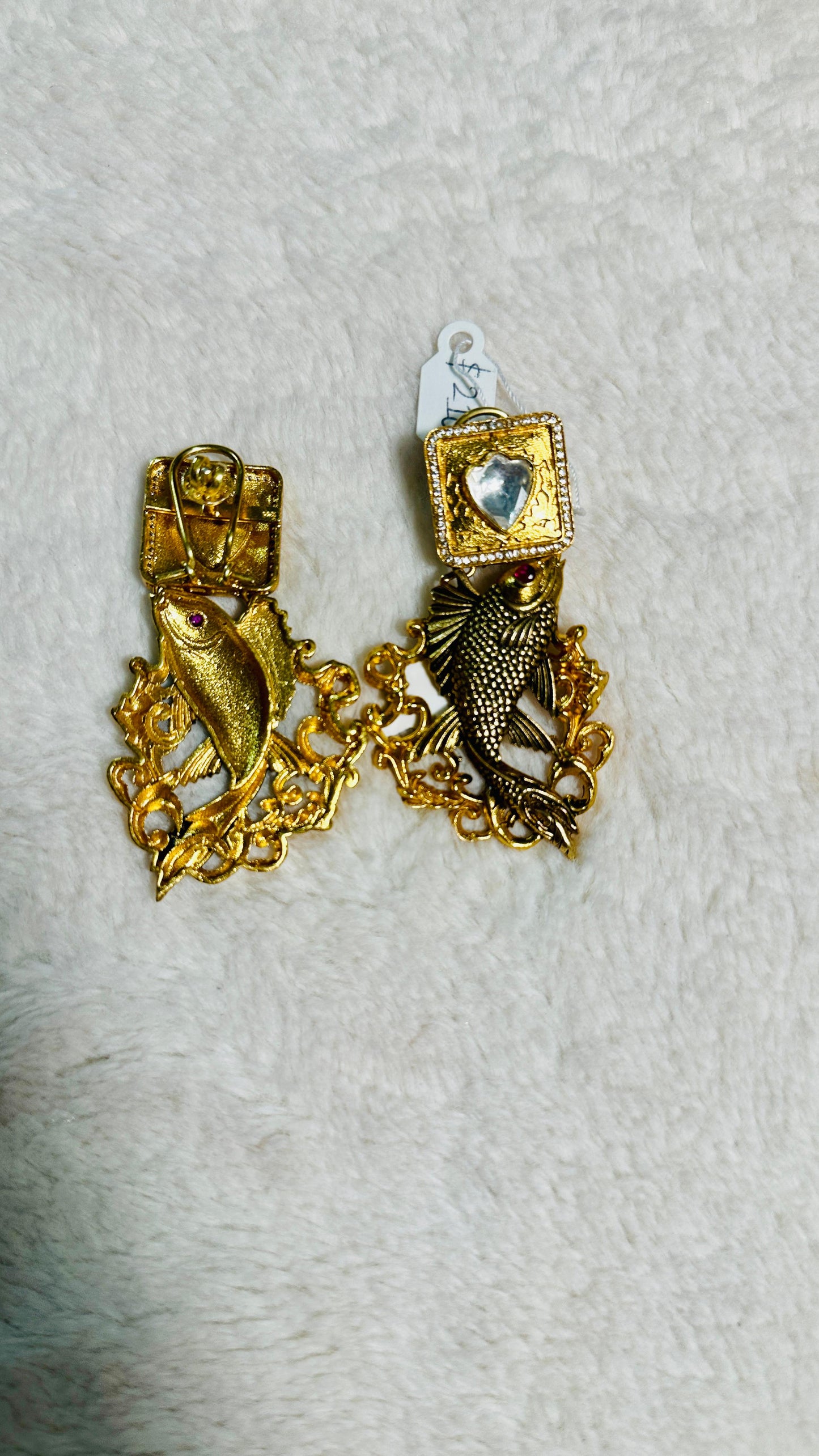 Pure 92.5 Silver Gold tone Fish Fusion Earrings embellished with semiprecious Ruby beads & Moissanite.