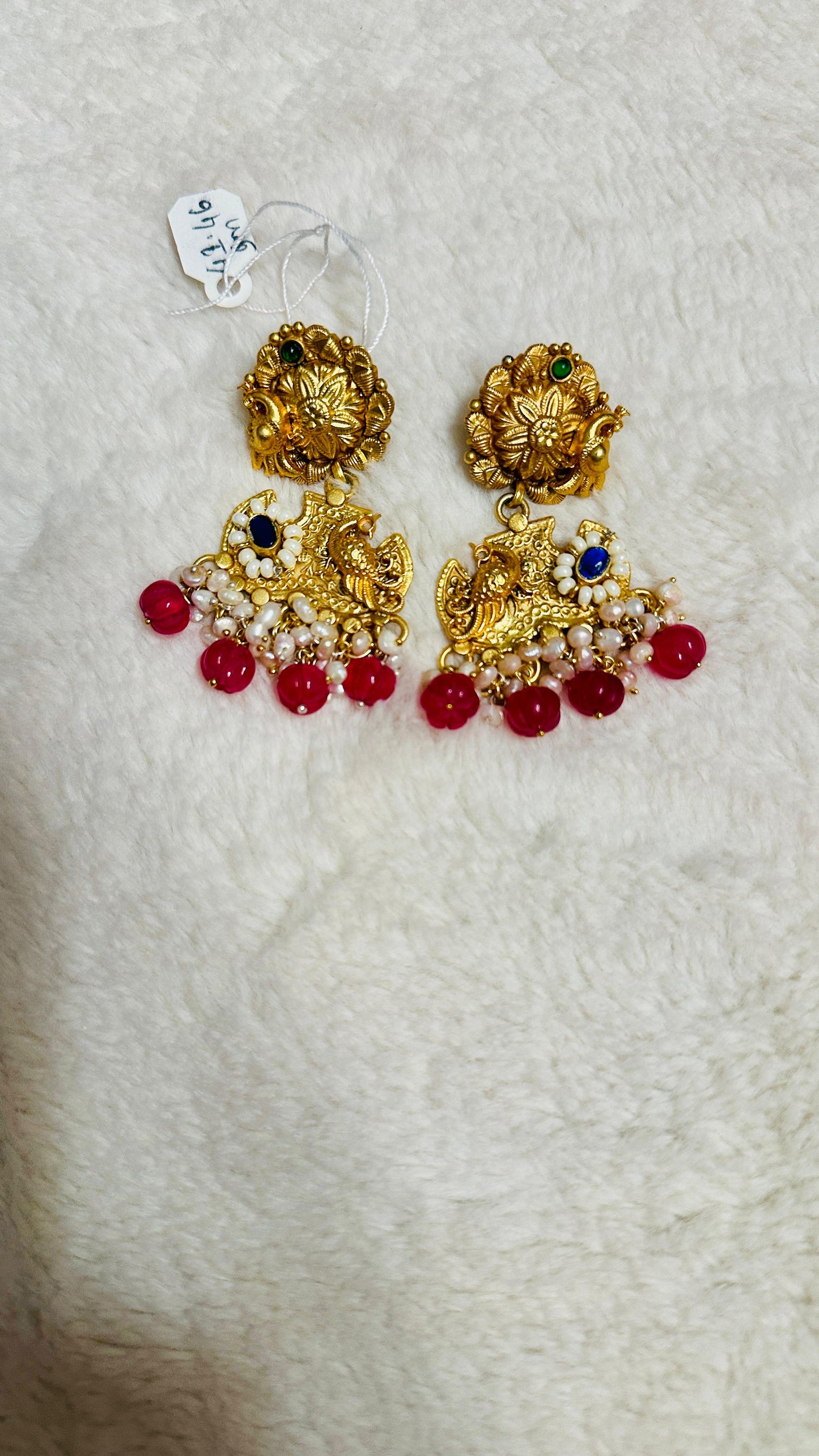 Pure 92.5 Silver Gold tone Peacock Earrings embellished with semiprecious Ruby beads & Blue lapis stone along with Fresh water pearls.